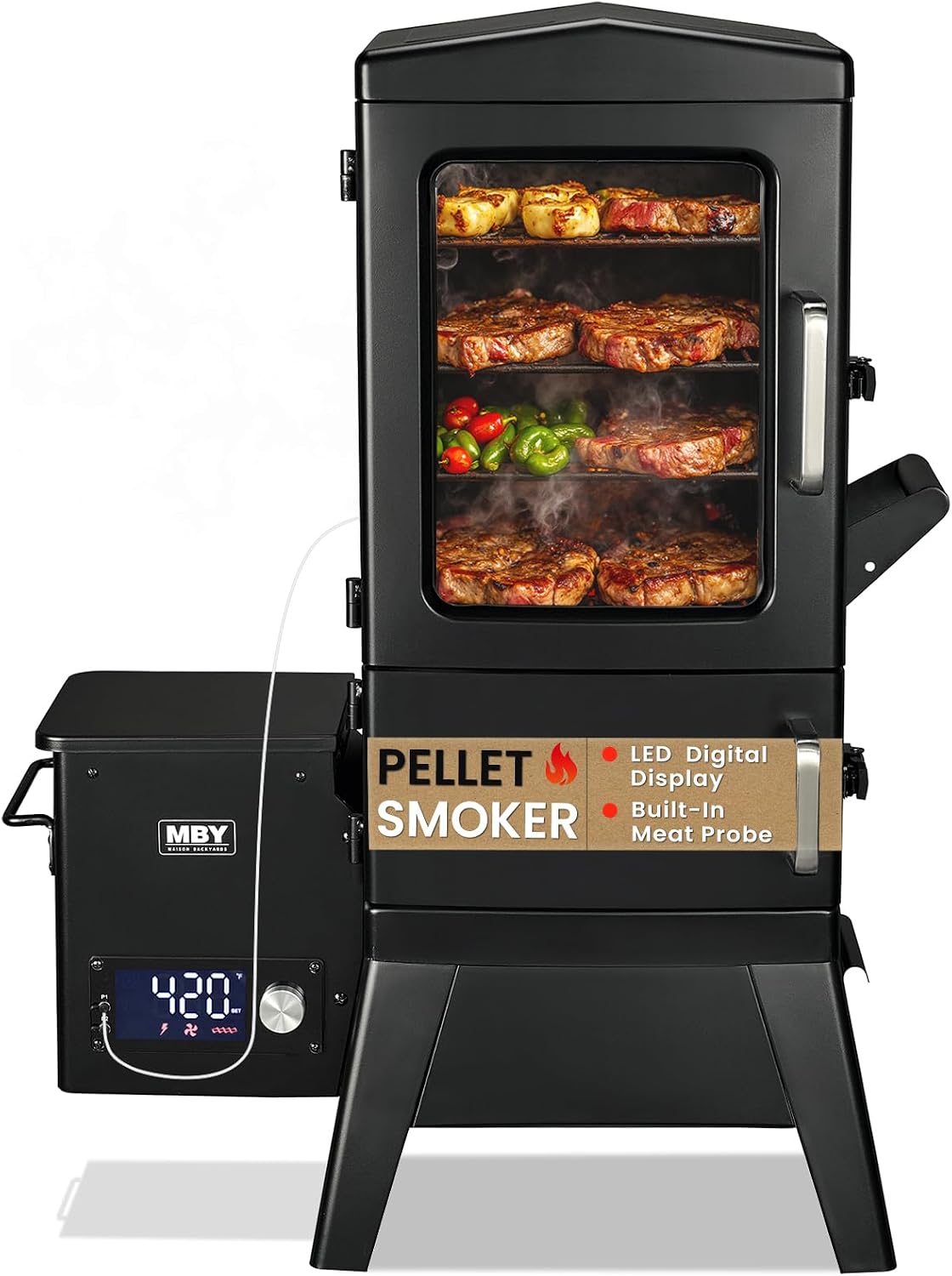 Pellet Smoker with Cover, Electric Wood Pellet Smoker Grill With Meat Probe and Hook, 616 Sq in Cooking Area LED Display Temperature Control, Outdoor Cooking, Patio, Garden Barbecue