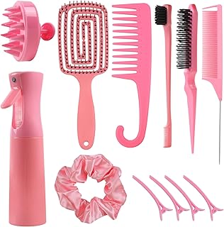 Hair Brush Set, 12 pcs Detangler Brush with Hair Spray Bottle, Scalp Massager for Wet Dry Curly Hair, Bristle Hair Brush Hair Comb for Women Girl (Pink, Purple)