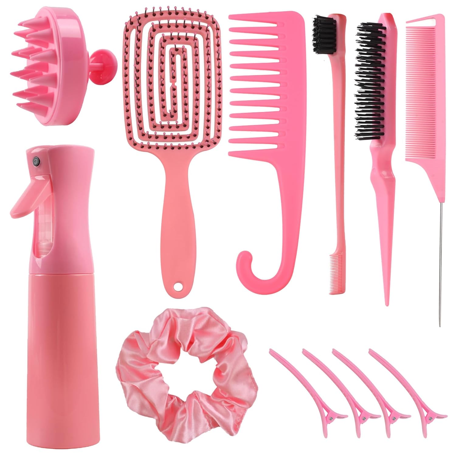 Hair Brush Set, 12 pcs Detangler Brush with Hair Spray Bottle, Scalp Massager for Wet Dry Curly Hair, Bristle Hair Brush Hair Comb for Women Girl (Pink, Purple)