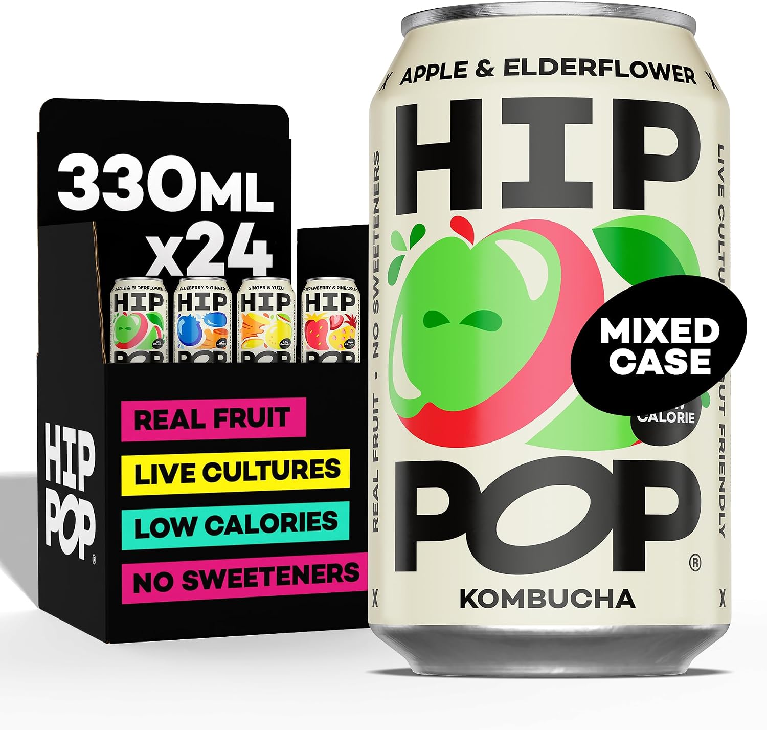 Hip Pop Kombucha Variety Case, Packed with Real Fruit & Living Cultures, Natural Ingredients, No Sweeteners, Low Cal. 24 x 330 ml