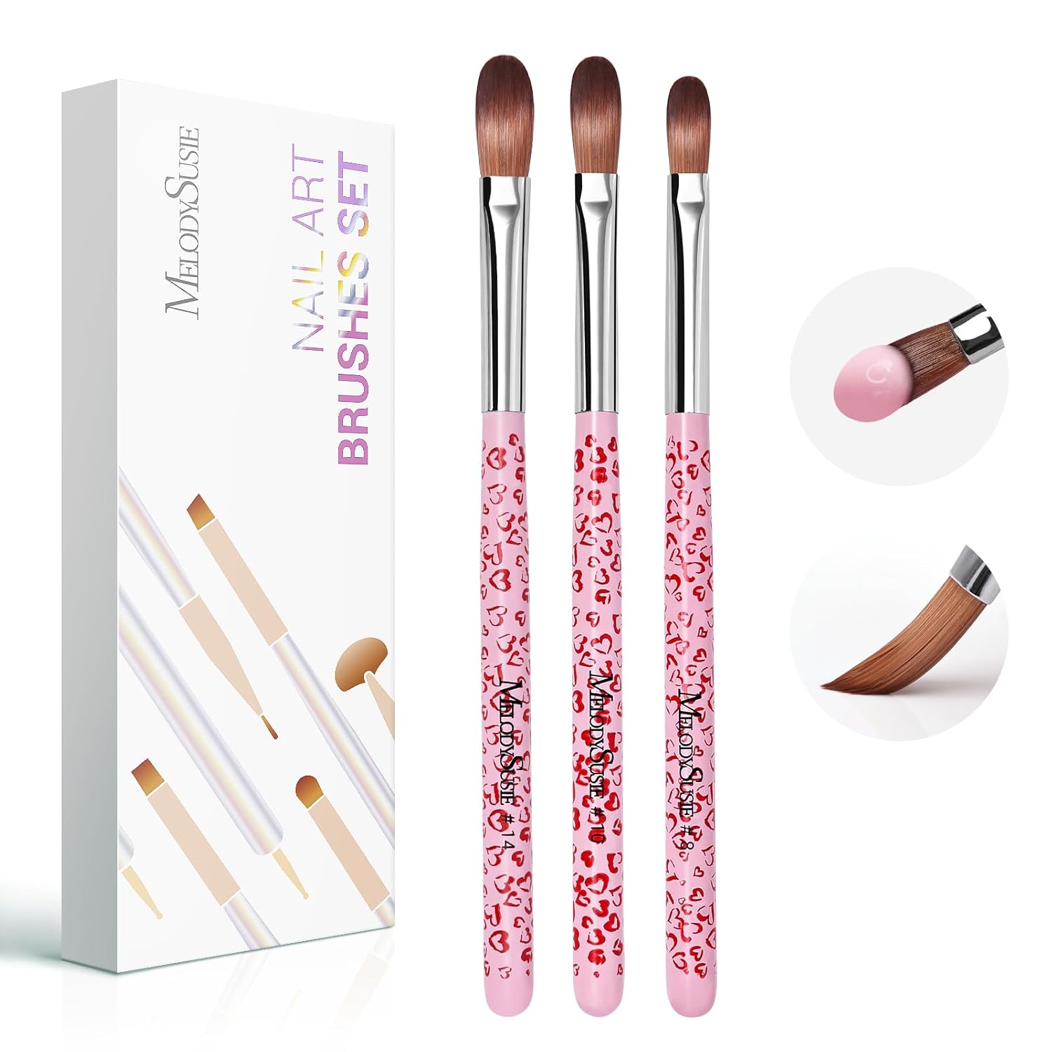 MelodySusie 3-Piece Acrylic Nail Brush Set - Sizes 8/10/14, Professional Nail Art Tool for Acrylic Application, Powder, Extension & 3D Carving - Pink