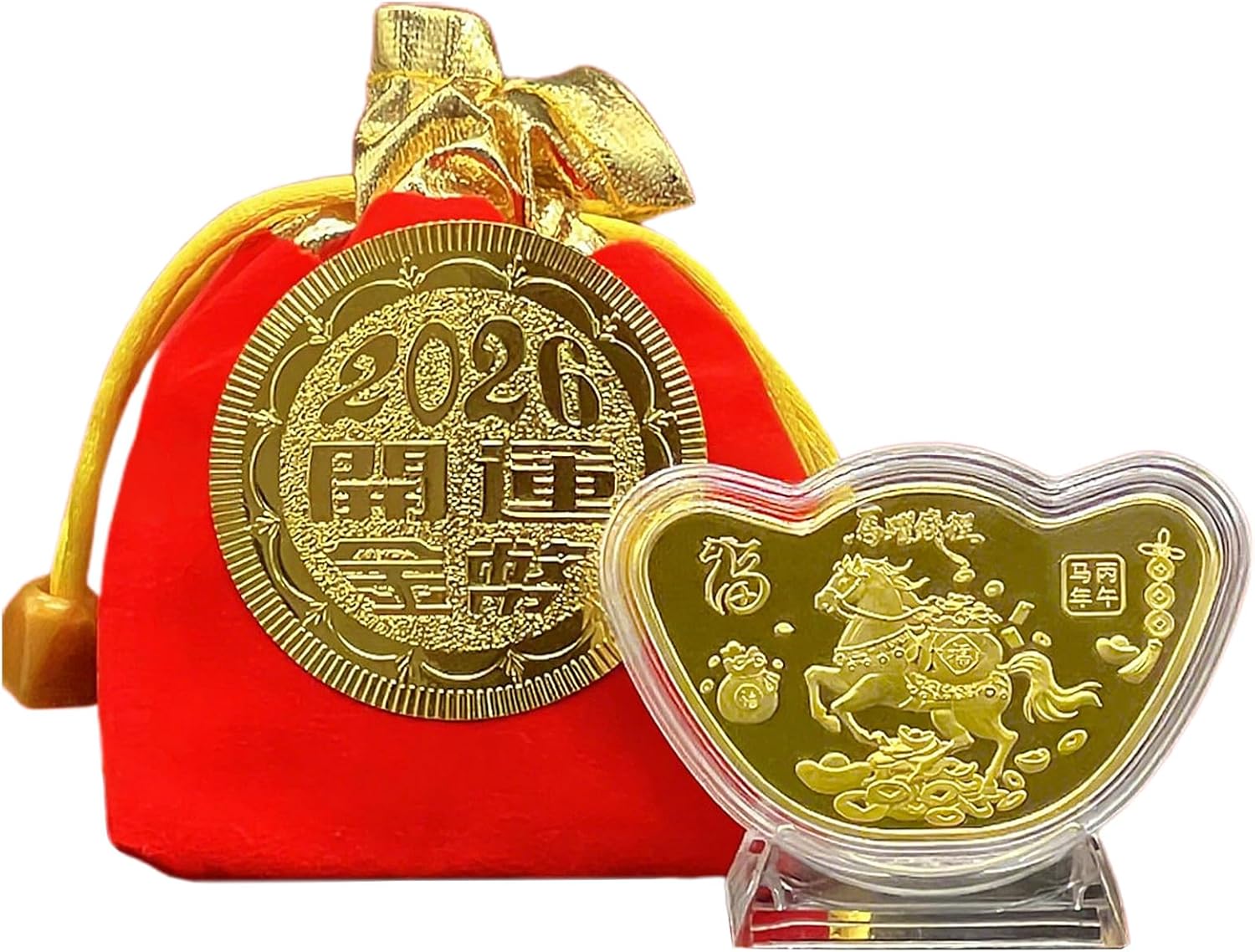Fyearfly 2026 Year of the Horse Solid Coin Decoration, Horse Leaps Forward Commemorative Coin, Auspicious Keepsake with Red Cloth Bag