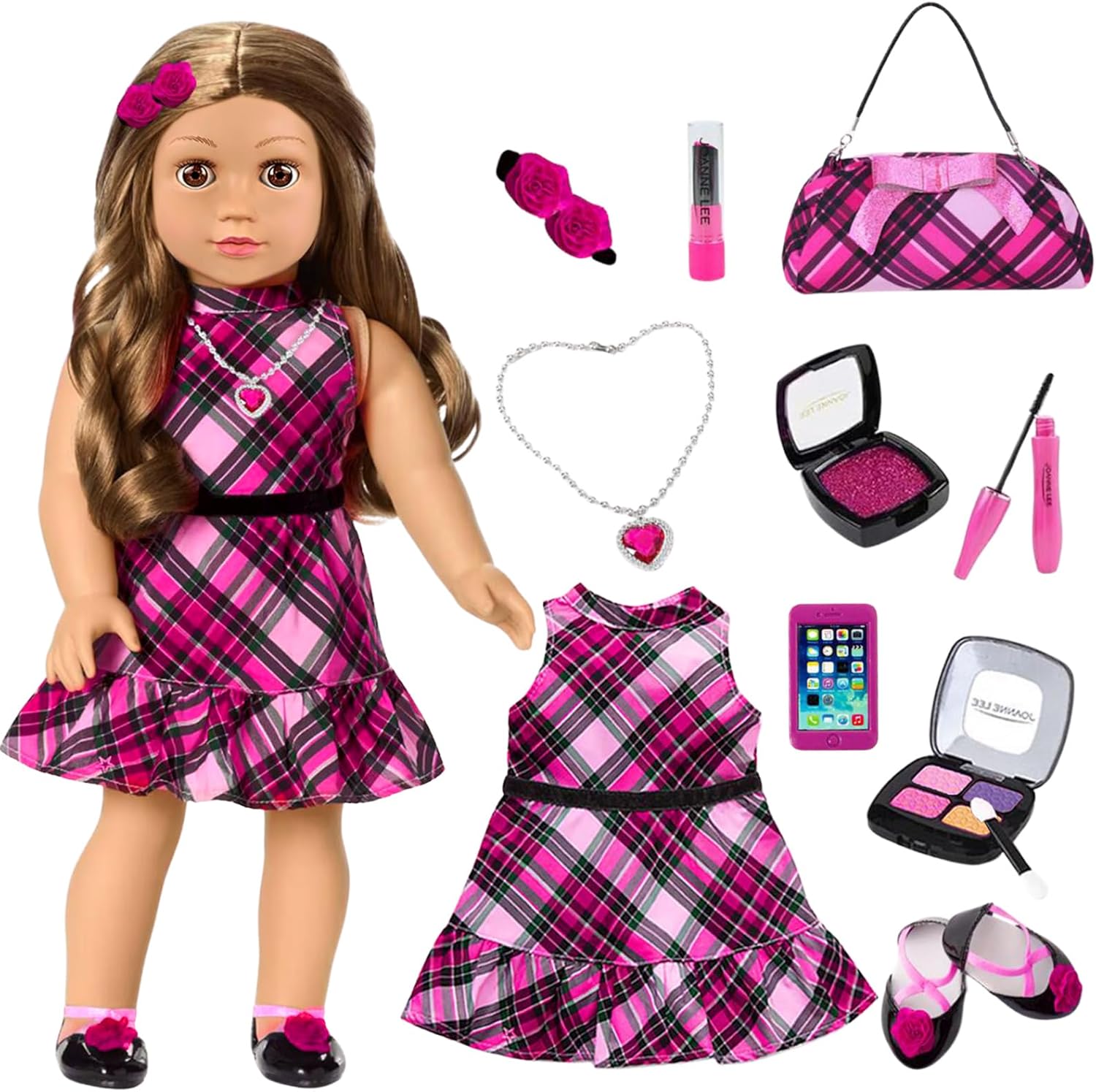 American 18 Inch Dolls Makeup Accessories and Clothes,Fashion Dress Tote Bag for 18" Doll Include Outfits Shoes Cosmetic Toys Stuff Gift for Baby Girl (No Doll)