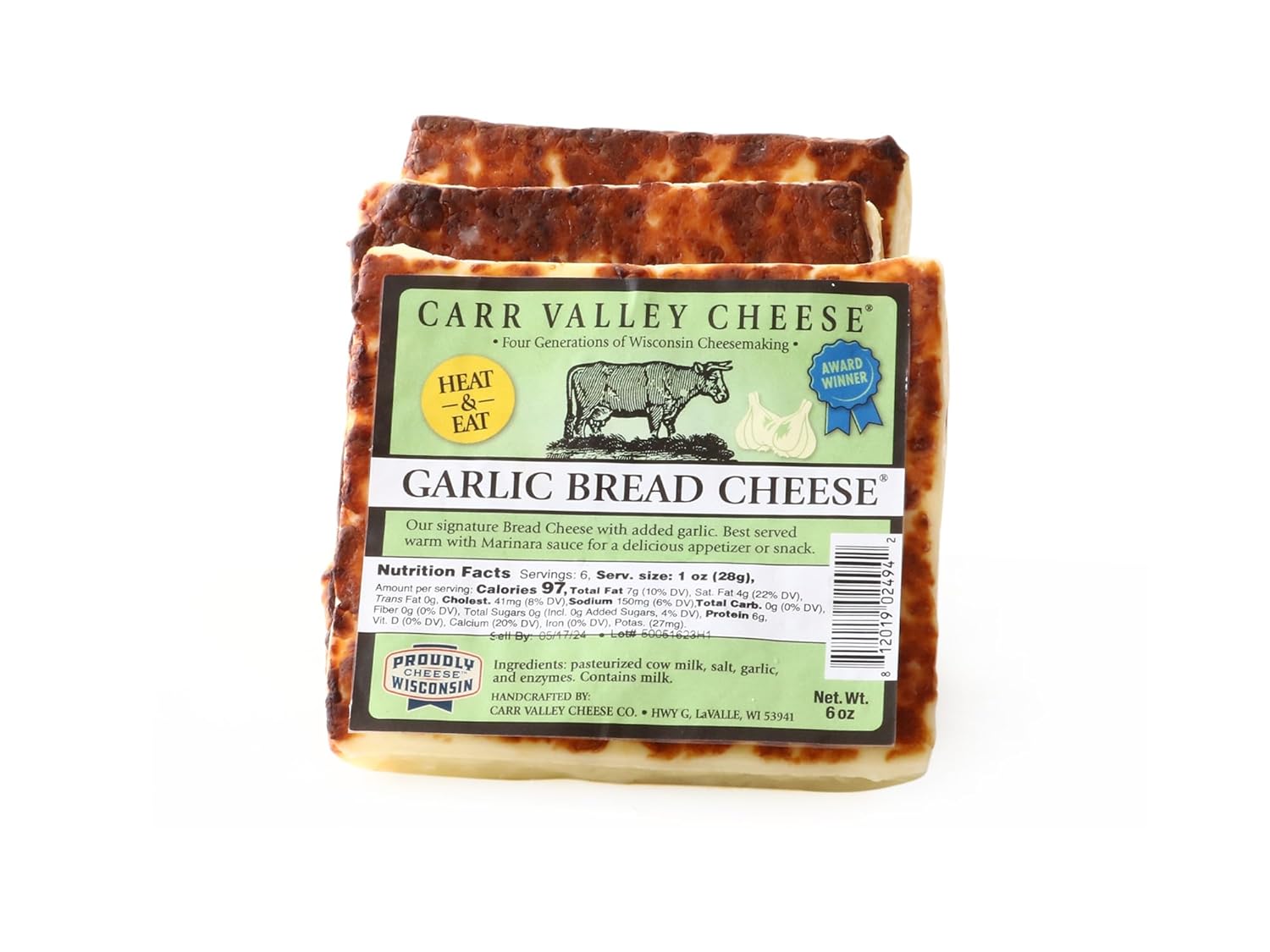 Carr Valley Bread Cheese® 3-Pack | (3) 6 oz Pieces | Authentic Wisconsin Heat & Eat Grilling Cheese (Garlic)