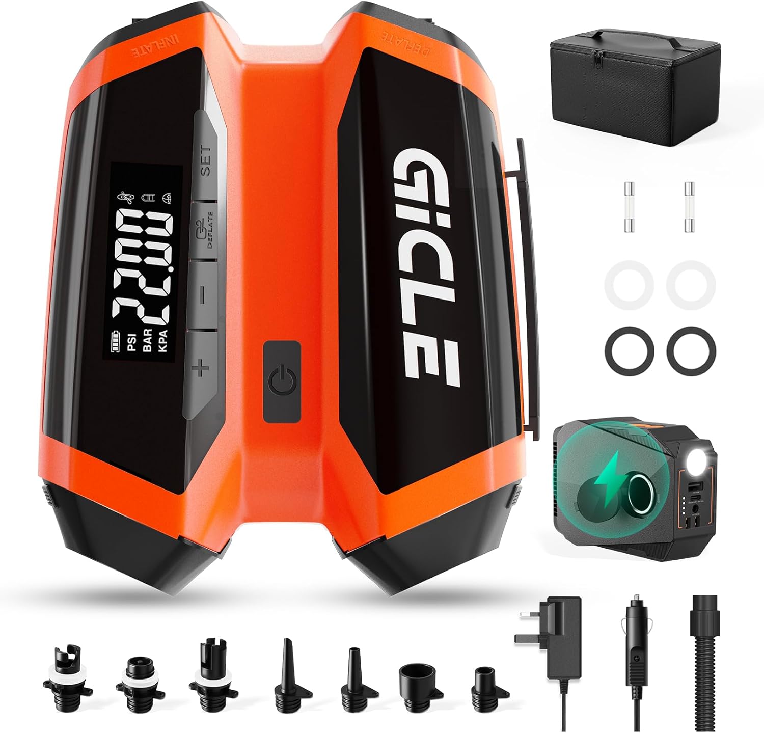 GICLE 22PSI SUP Pump Rechargeable, Electric Paddleboard Pump, Fast Inflation & Deflation, Removable Multifunctional Battery, Support DC 12V Input Work
