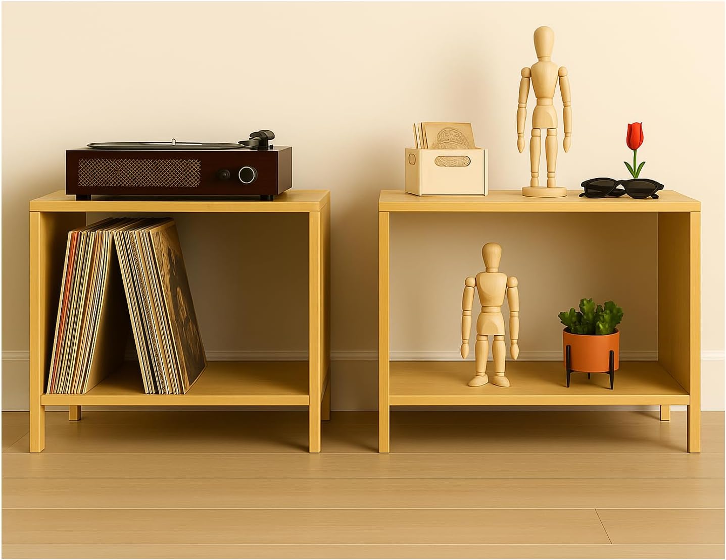 Record Player Stand with Vinyl Storage - Compact Stackable Turntable Holder for 12" LP Albums Cabinet End Table 2 Pack