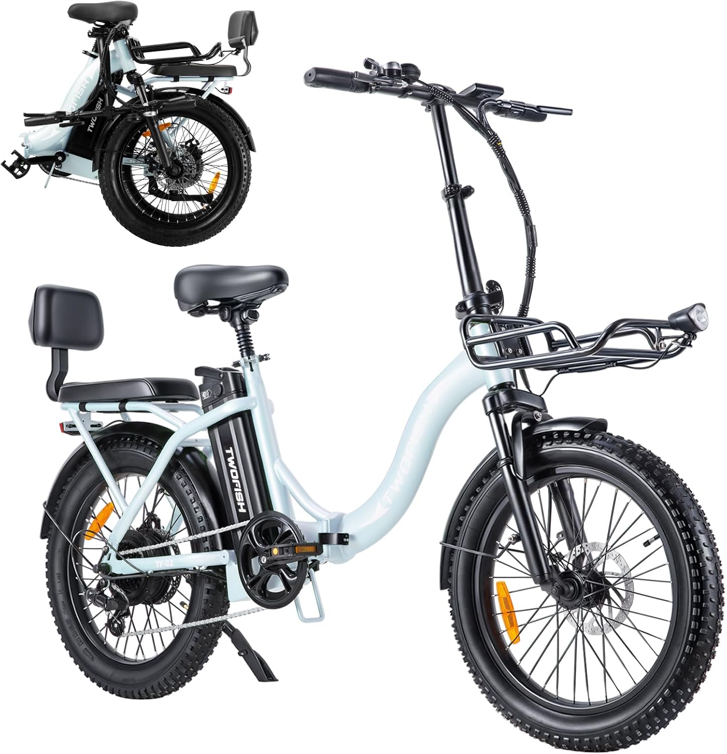 TWOFISH Electric Bike for Adults, 20" Folding Electric Bikes with 36V 17.8 Ah Battery, 100KM Max Range, 7-Speed E Bike with LED Display, Cruise Control, Disc Brakes