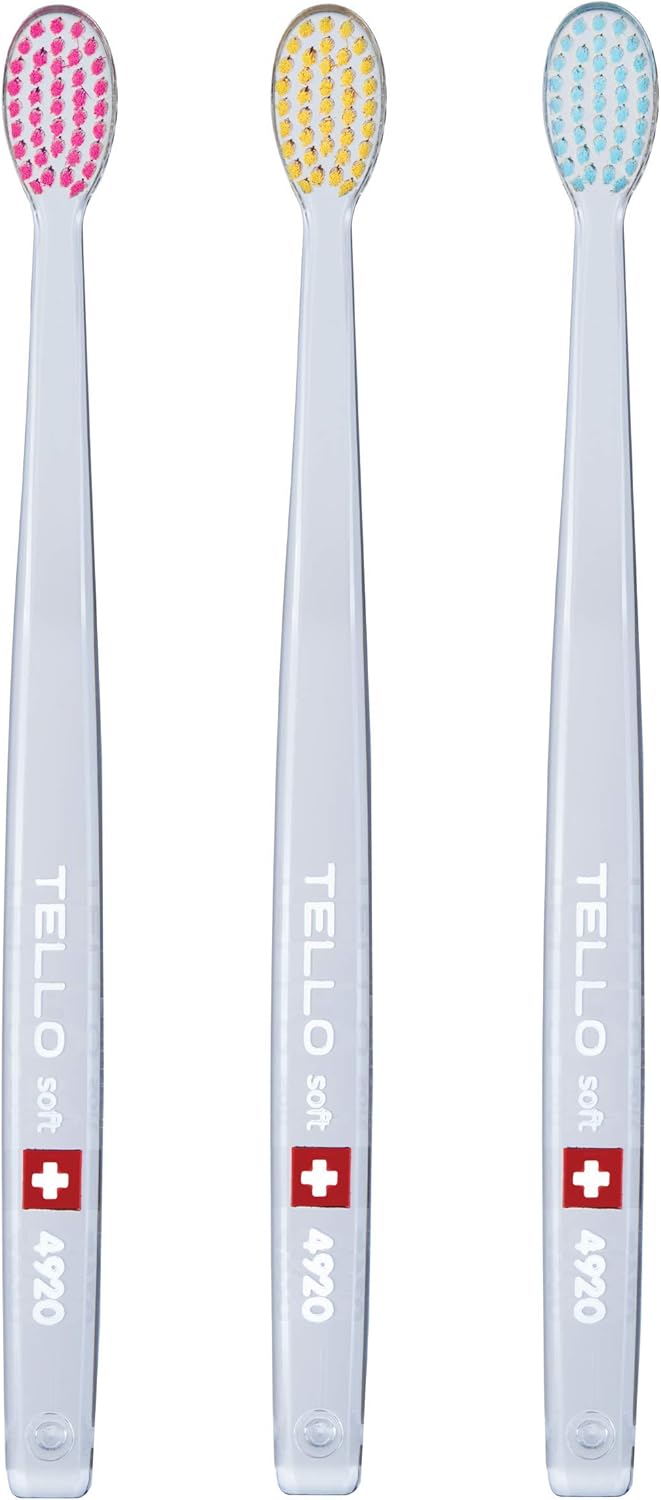 TELLO 4920 Adult Soft Swiss Toothbrush for Gentle Cleaning with Ergonomic Handle, 3 Count
