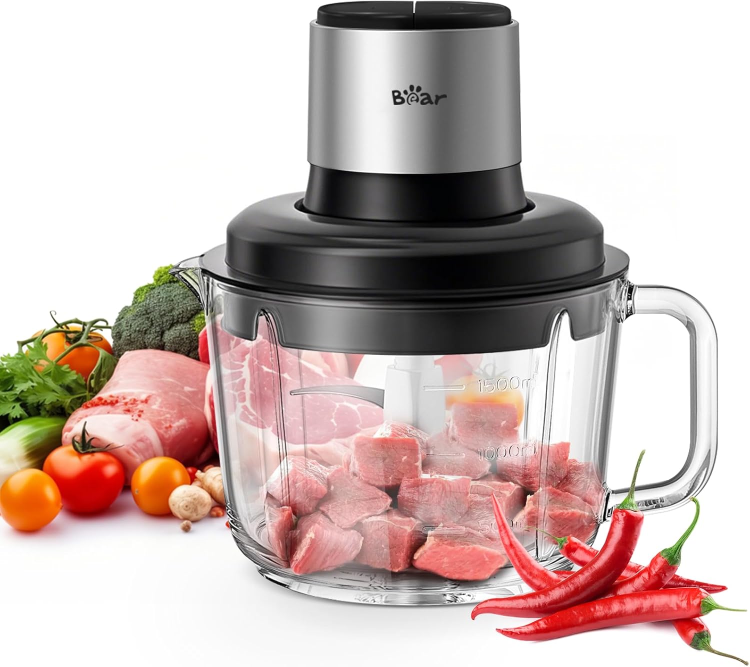Bear Food Processor, Electric Food Chopper with 8 Cup/2L Handheld Glass Bowls, No-Hole 4 Bi-level Stainless Steel Blades for Easy Cleaning, 2 speed 300W Power Motor Grinder for Meat, and Baby Food