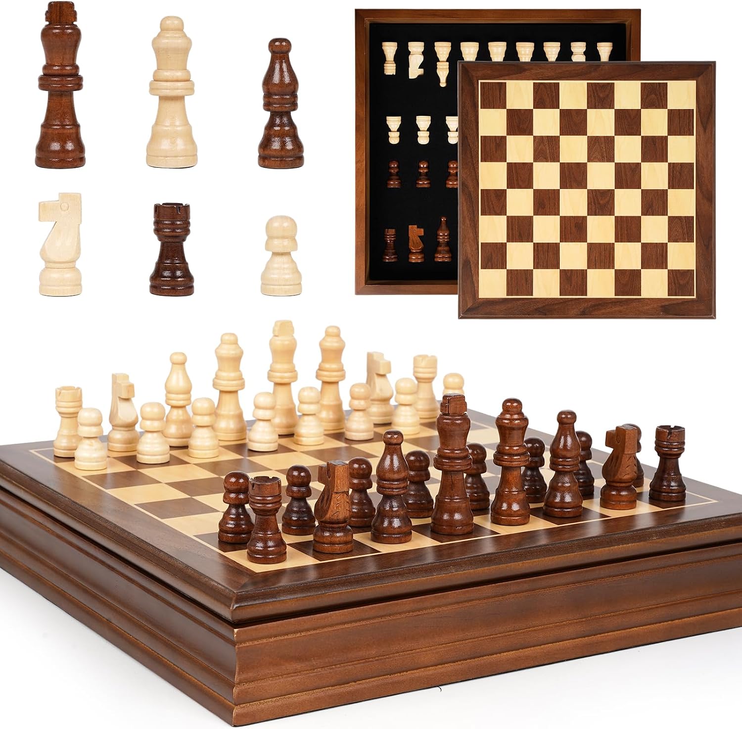 Magnetic Wooden Chess Set with Storage Box – Solid Wood 12 Inch Chess Board with Handmade Magnetic Pieces & 2 Extra Queens, Classic Strategy Board Game for Adults & Kids, Educational Gift