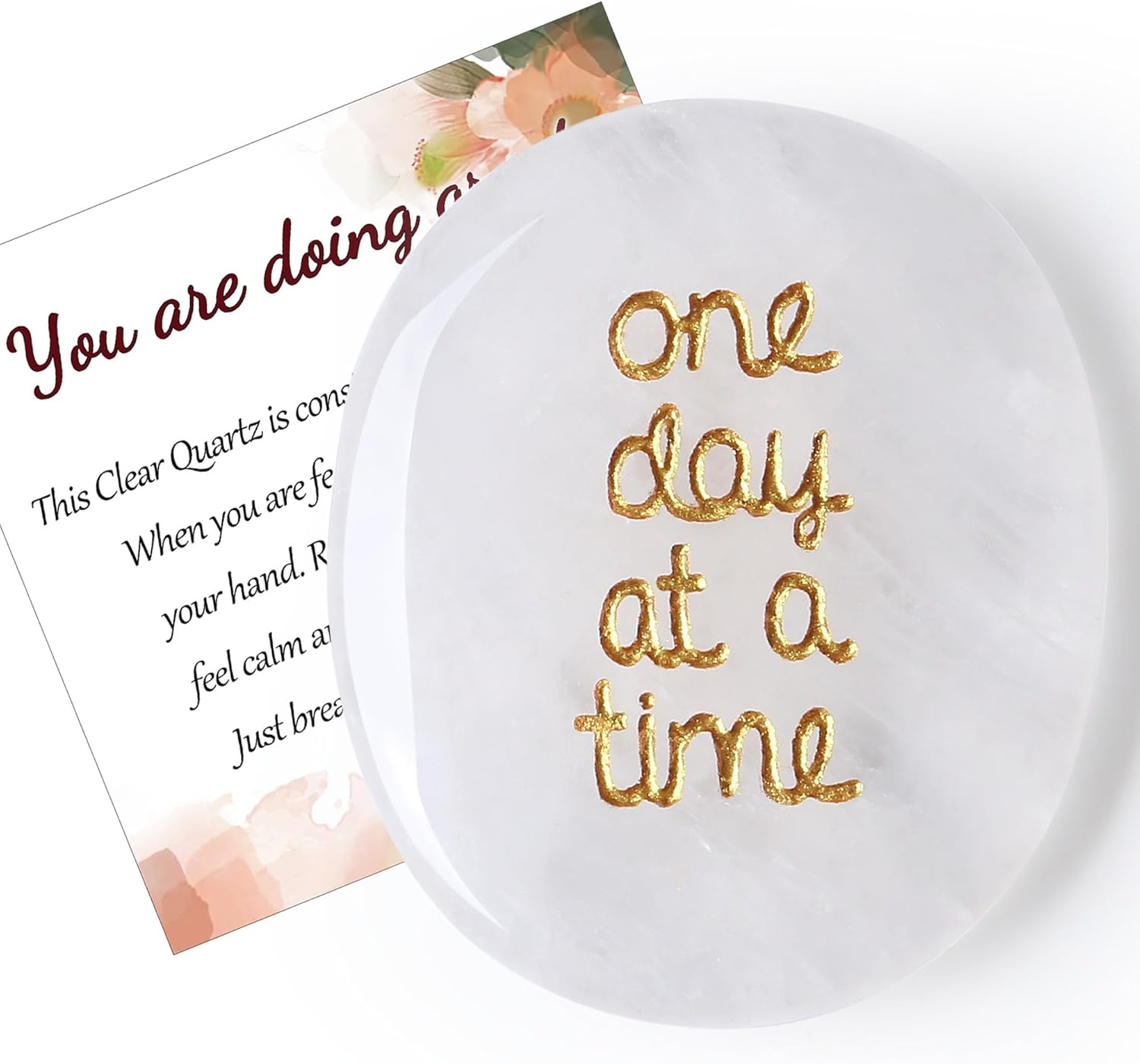 QINJIEJIE One Day at A Time Clear Quartz Worry Stone Healing Crystal Thumb Stones Thinking of You Gifts for Anxiety Relief Items You Got This Inspirational for Friend Encouragement Gift for Women Men