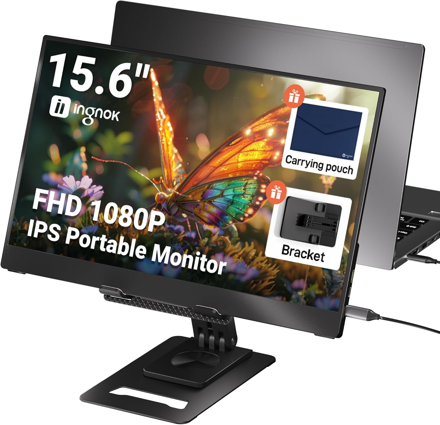 Portable Monitor, Ultra Slim 15.6 Inch FHD IPS Laptop Screen Extender with Adjustable Stand, USB C Compatible, Ideal for Travel and Office