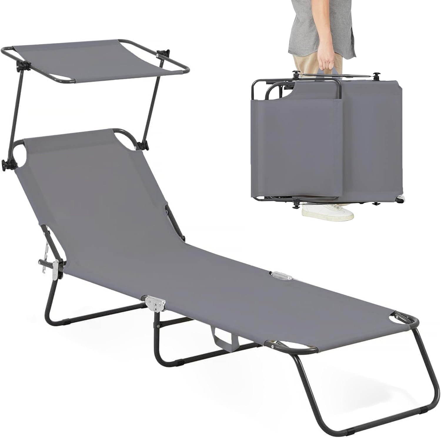 Folding Outdoor Lounge Chair with Canopy - Portable & Adjustable Beach Lounge Chair - 5-Positions, Carry Handles, 600D Fabric, 265 lbs Capacity – Tanning Chaise Lounge for Beach, Patio, Lawn