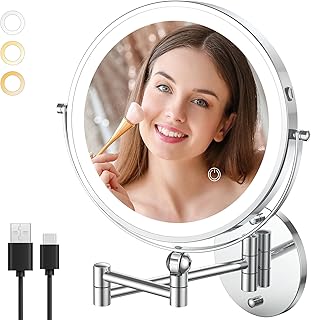 9" Wall Mounted Makeup Mirror with Lights, 4000mAh Rechargeable 1X/10X Wall Mounted Magnifying Mirror for Bathroom, 3 Color Lighting,Touch Screen Dimming,Extended Arm 360 Rotation Wall Mount Mirror
