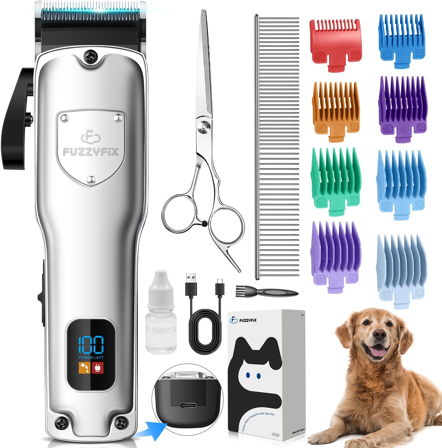 Dog Clippers for Grooming for Thick Heavy Coats, Professional Pet Grooming Clippers Supplies Kit Low Noise Rechargeable Stainless Steel Hair Trimmer with Ceramic Blade for Dogs Cats Animals