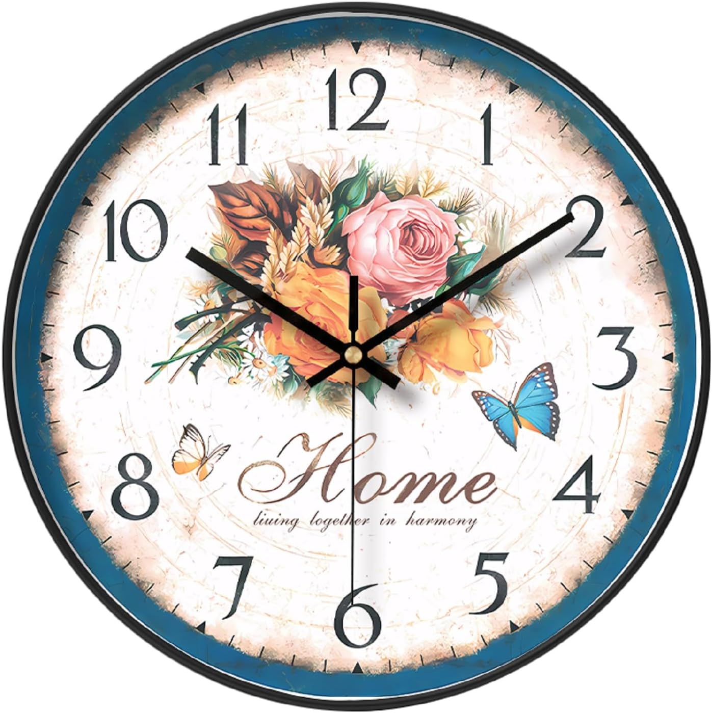 NUOVO 12 Inch Floral Wall Clock Country Kitchen Clock Rustic Garden Style Home Wall Clock Retro Clocks Silent Living Room Bedroom Office Home Decor
