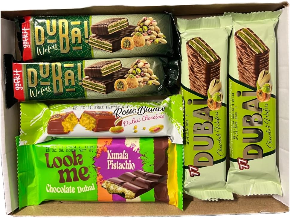 Dubai Chocolate and Wafers Variety Pack - pack of 6 (2x Gofkit Wafers 40g, 2x 77 Chocolate Wafers 30g, 1x Rosso Bianco Chocolate 36g, 1x Look me Chocolate 51g)