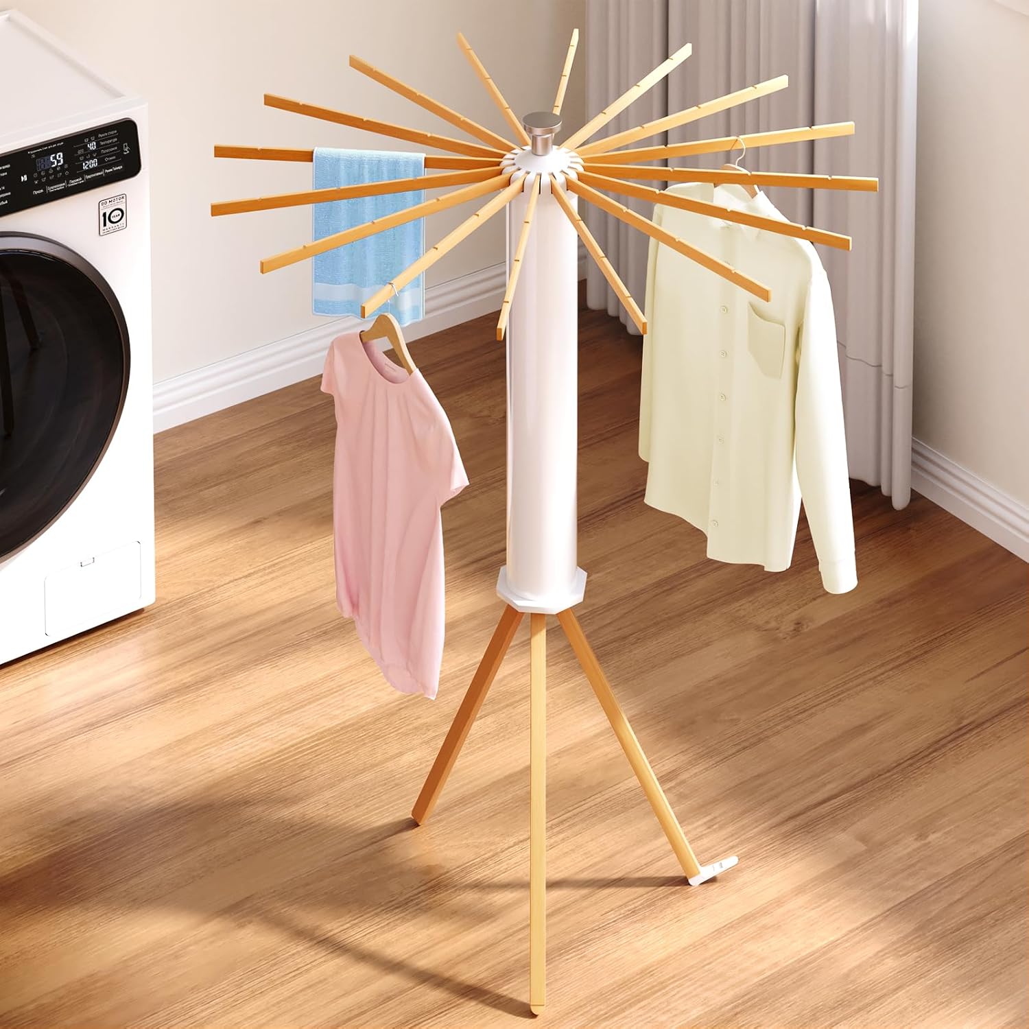 Tripod Clothes Drying Rack, Folding Space Saving Compact Laundry Drying Rack-16 Rotatable Arms for Hanger, Diameter 3.6FT, 3 Legs for Indoor Outdoor Apartment Balcony (Wood)