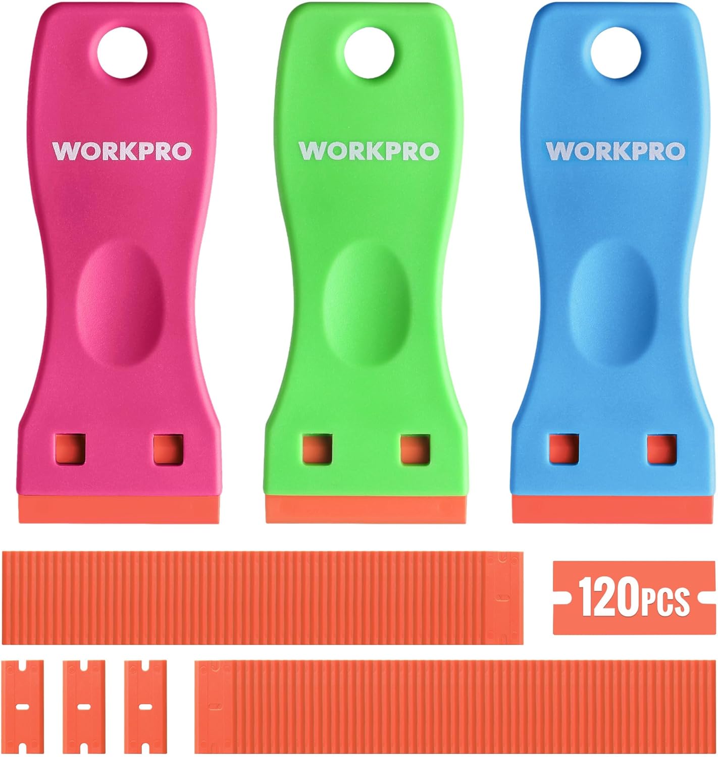 WORKPRO 3-Piece Plastic Razor Blade Scraper with 120 Pcs Plastic Razor Blades, for Gasket Remover, Labels Decal and Adhesive Remover for Windows and Glass