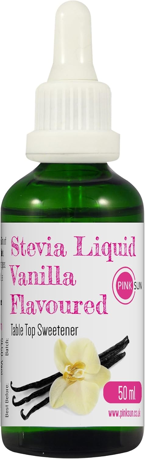 PINK SUN Stevia Liquid Sweetener Drops 50ml Vanilla Flavoured (or Caramel, Coconut, Strawberry, Unflavoured) Natural Sugar Alternative Replacement Low Carb Zero Calories Glass Alcohol Free