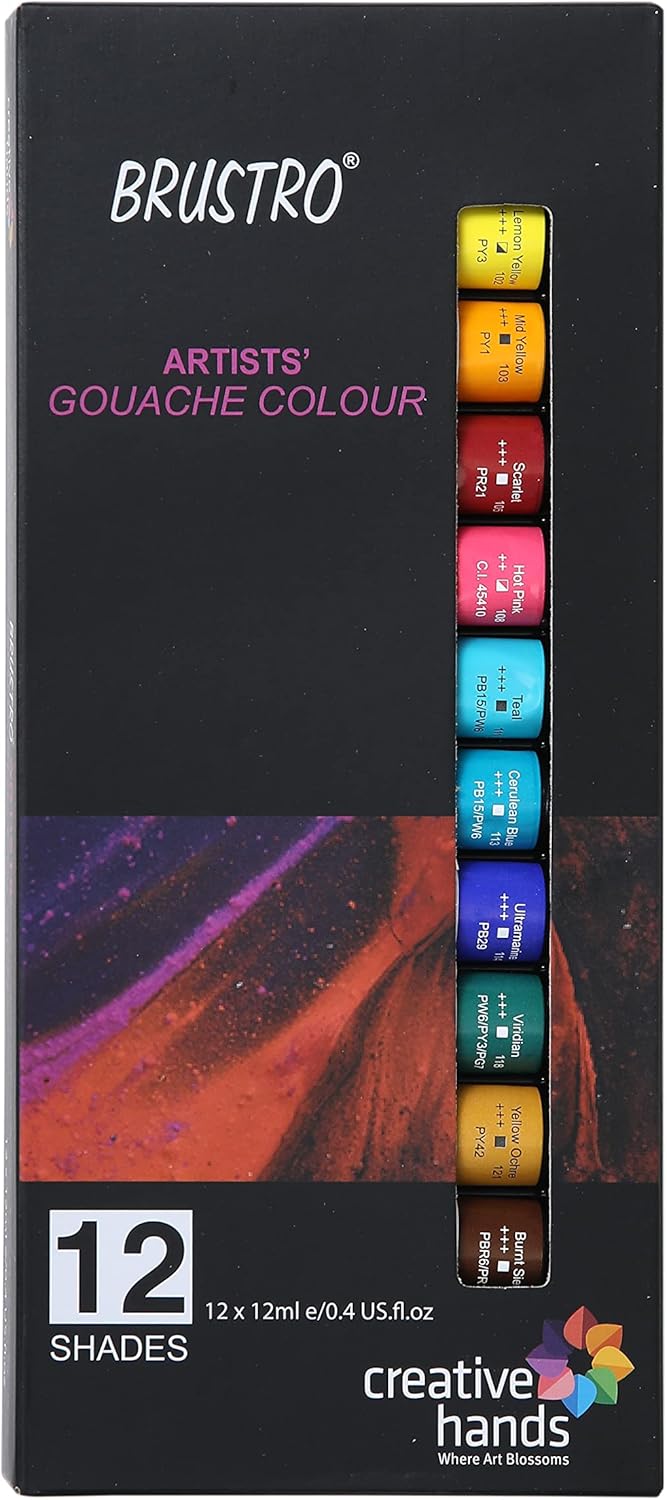 Artists Gouache Colour Set of 12 Colours X 12ML Tubes.