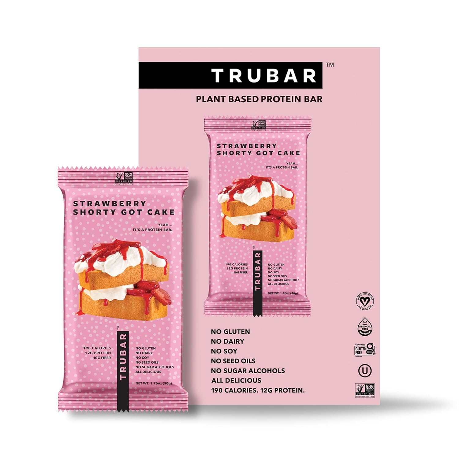 TRUBAR Vegan Protein Bar, Strawberry Shorty Got Cake, Gluten Free, Plant Based Protein, Dairy Free, Non GMO, Soy Free, No Sugar Alcohols, 12G Protein, 12G Fiber, 23G Carb, On the Go Snack Bars, 12 CT
