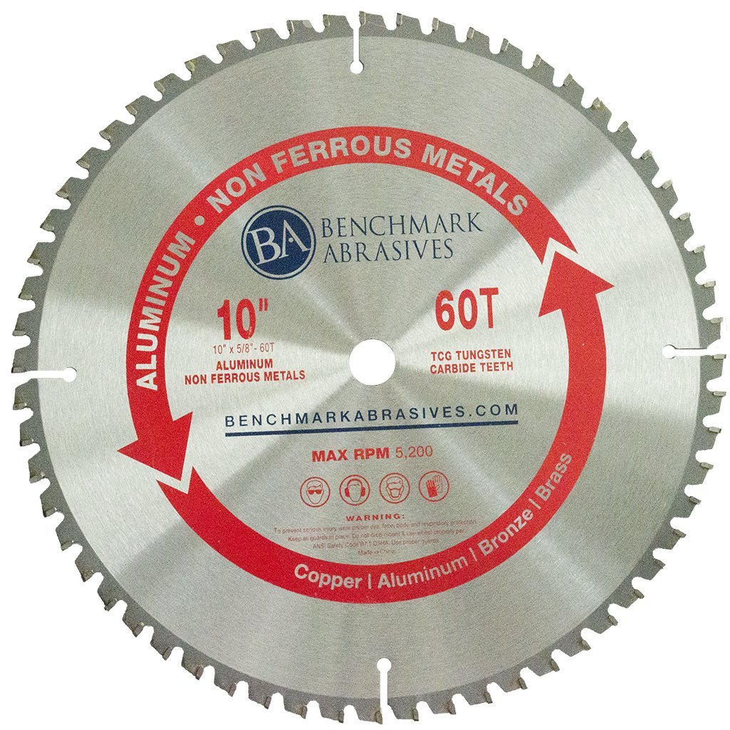 Benchmark Abrasives 10” TCT Saw Blade Tungsten Carbide Tipped Circular Saw Blade with 5/8" Arbor for Cutting Aluminum, Non Ferrous Metals, 10 Inch Miter Saw Blade (10" 60 Teeth)