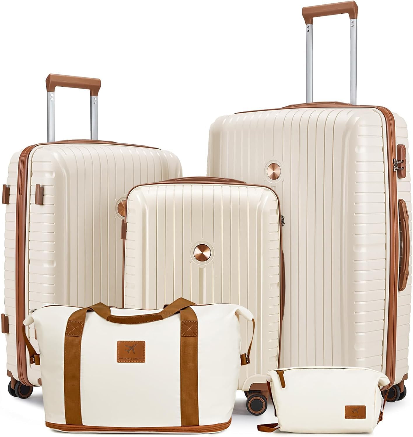 Joyway Luggage Sets 5 Piece PP Hardshell Carry on Suitcase, Travel Lightweight Carry-on with Double Spinner Wheels and TSA Lock, Beige Brown