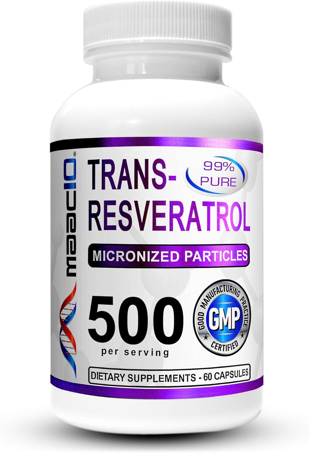 MAAC10 Trans Resveratrol 500mg Supplement (Micronized Pharmaceutical Grade 99% Pure Trans-Resveratrol Extract + BioPerine for Superior Absorption) (2X 250mg Capsules 60ct)