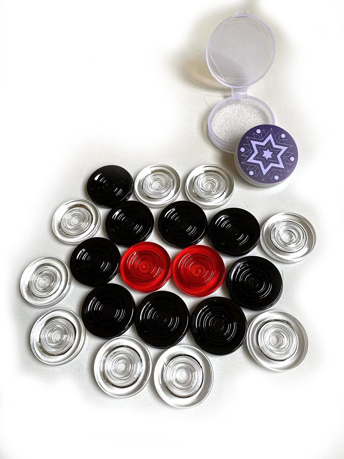 AnNafi® Carrom Coin Made of Crystal Look PVC. Complete Set of 24 Attractive PVC Coins + 1 Premium Striker Carrom Board Coins Set | Can be Used for Checkers (Crystal Coins)