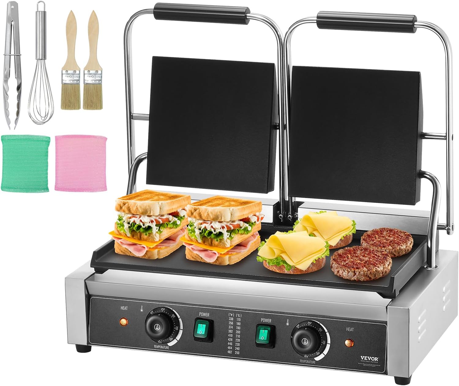 VEVOR Commercial Panini Grill, 3600W Electric Sandwich Panini Maker, Stainless Steel Double Sandwich Press, Panini Grill with Temp Control & 19"x9" Full Flat Enamel Plate, for Hamburger Steak Bacon