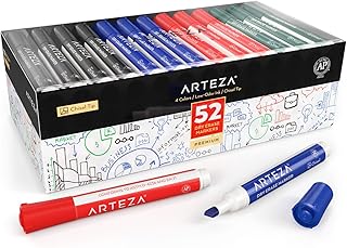 ARTEZA Dry Erase Markers, 52-Pack, Chisel Tip, 4 Assorted Colors, Low-Odor Ink for Whiteboards, Classroom, Office, or Home Use