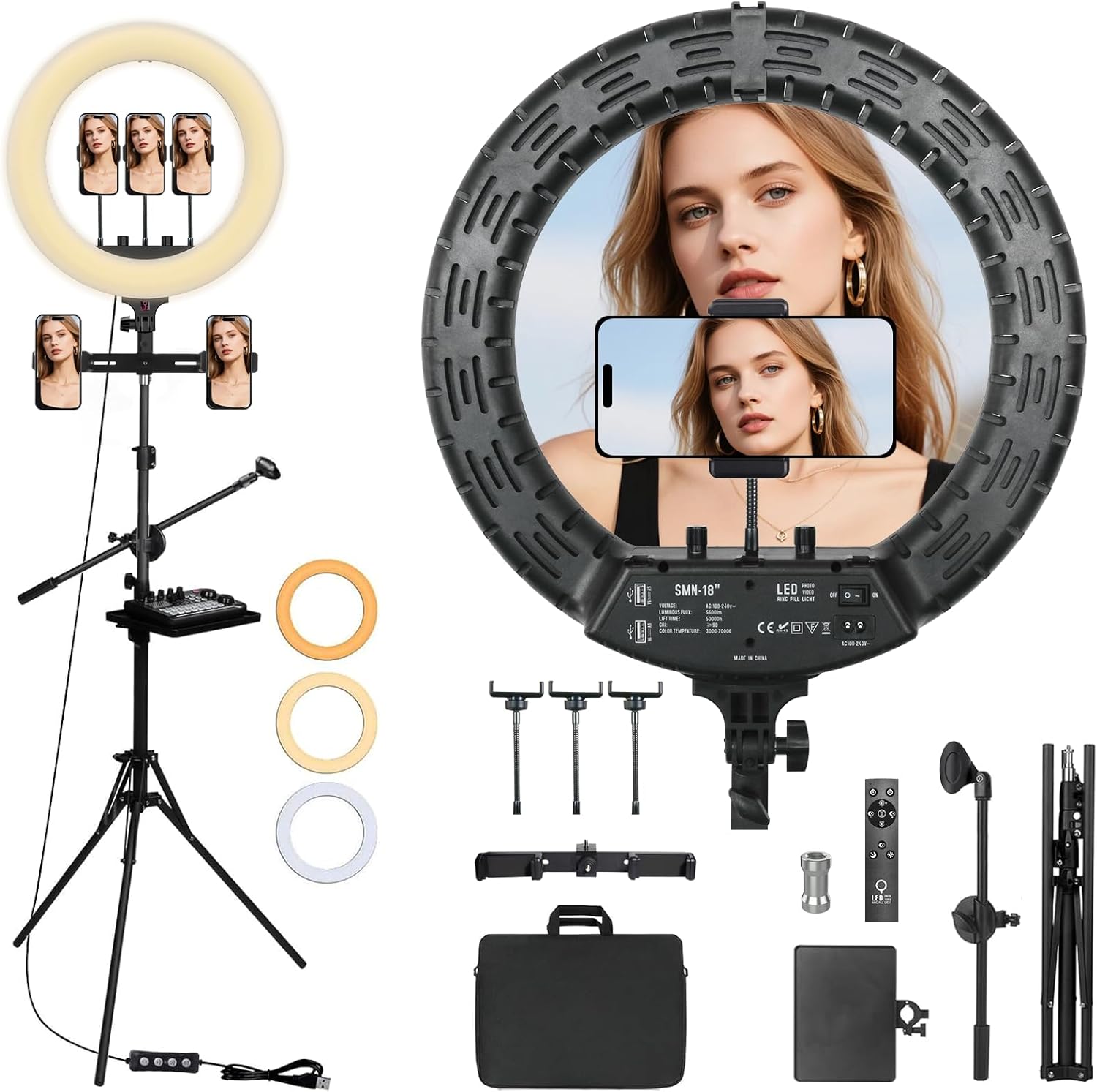 Ring Light with Stand, 18in Ring Light for iPhone 65W 7000K Dimmable LED Light,5 Cell Phone Holders for YouTube, TikTok, Lash Extension Barber Makeup Artist Studio Video Photog raphy Lighting