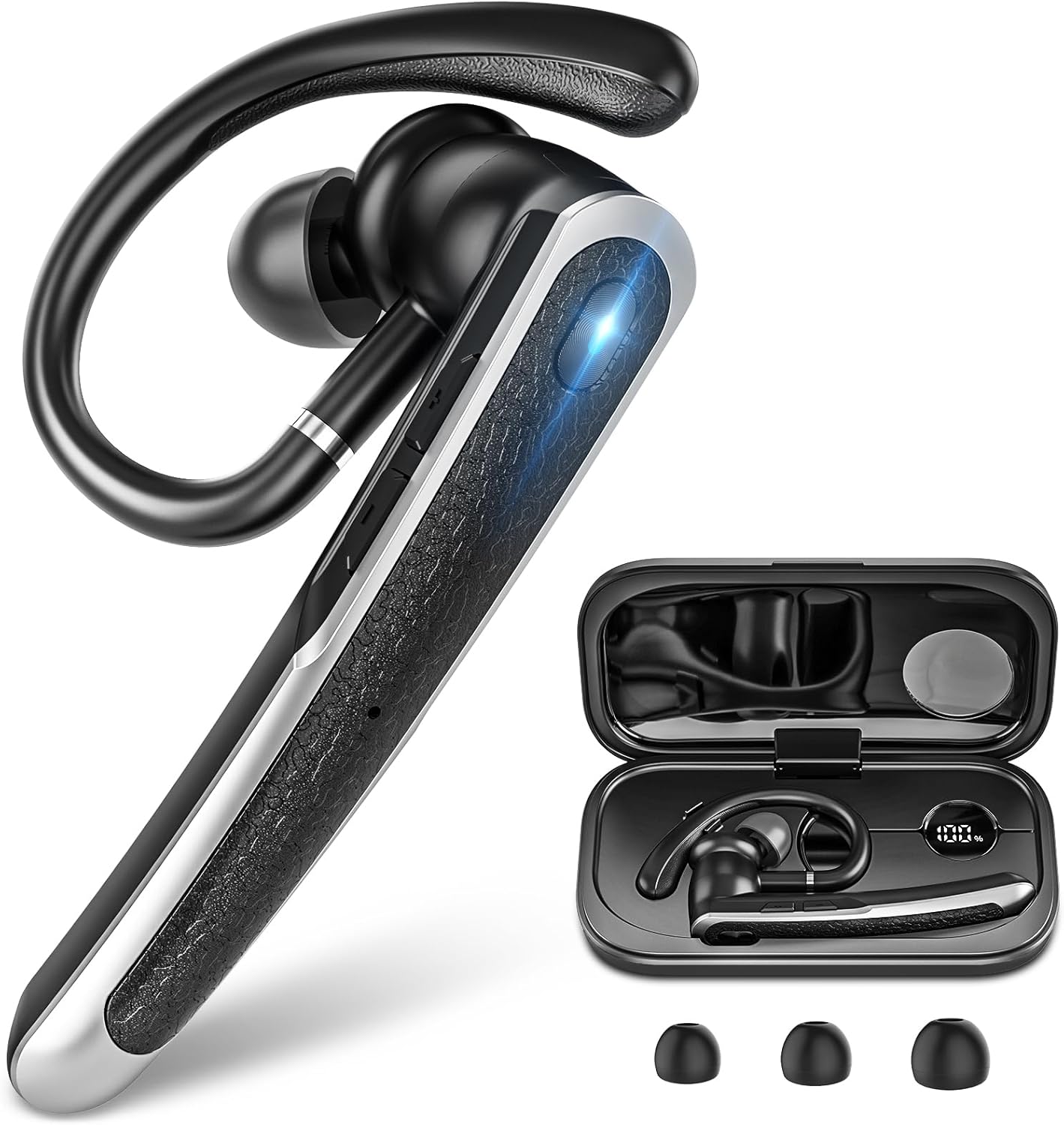 Bluetooth Headset, Wireless Bluetooth Earpiece with LED Charging Case, Hands Free Noise Canceling Headphones with Dual-Mic for Computer Cell Phones Trucker Home Office Work - Black