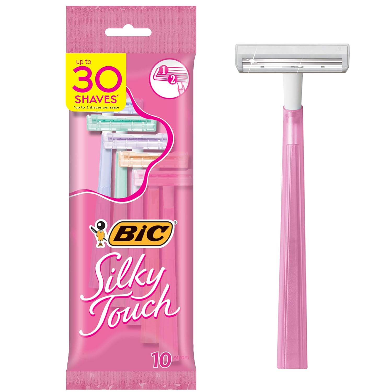 BIC Silky Touch Women's Disposable Razors, With 2 Blades, Pretty Pastel Razor Handles, 10 Count (Pack of 1)