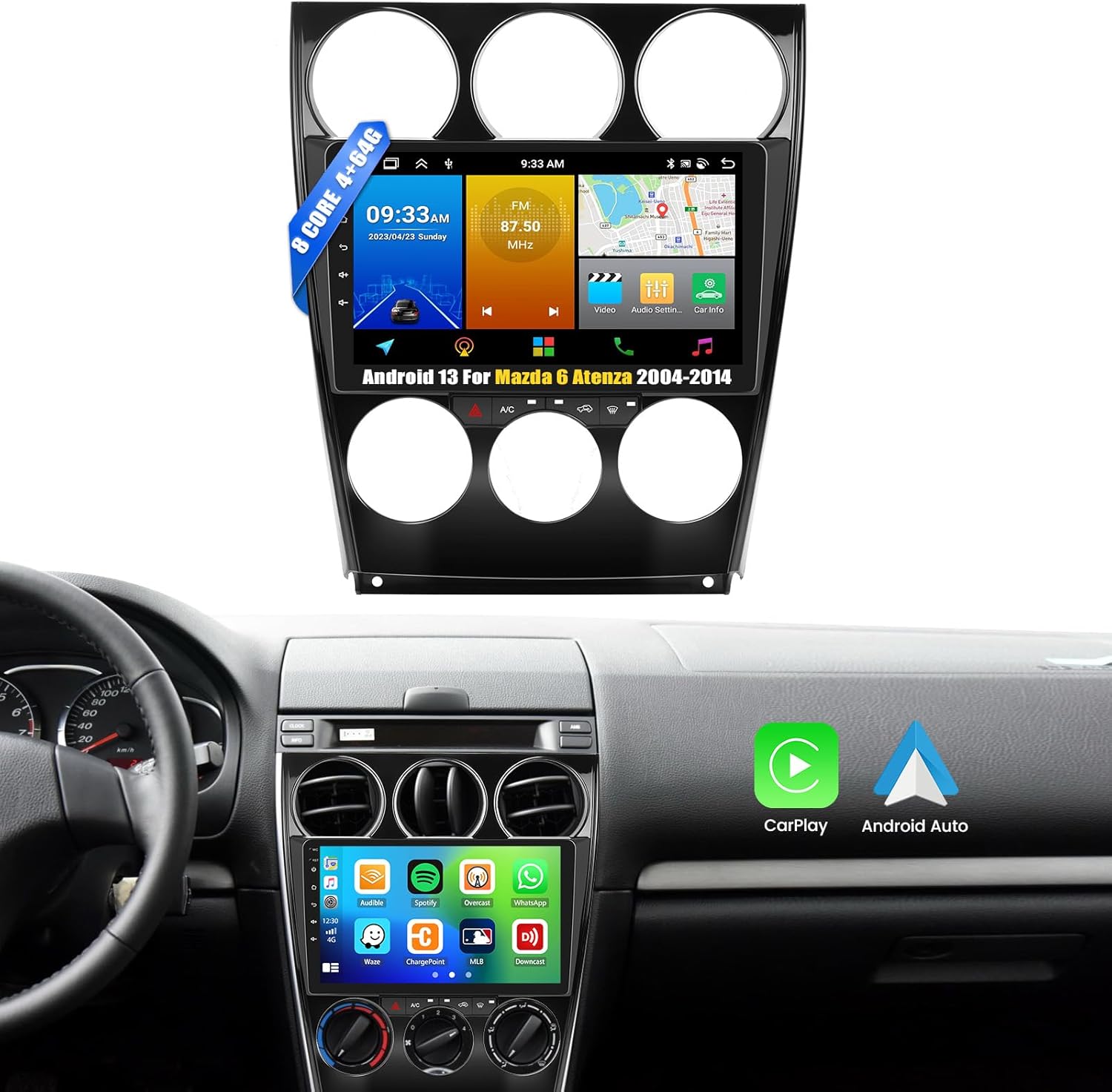 [8 Core 4G+64G] Android 13 Car Stereo for Mazda 6 2004-2014 with Wireless Apple Carplay Android Auto,9'' Touchscreen Mazda 6 Car Radio with WiFi,GPS Navigation,Bluetooth,FM/RDS Radio,SWC+Backup Camera