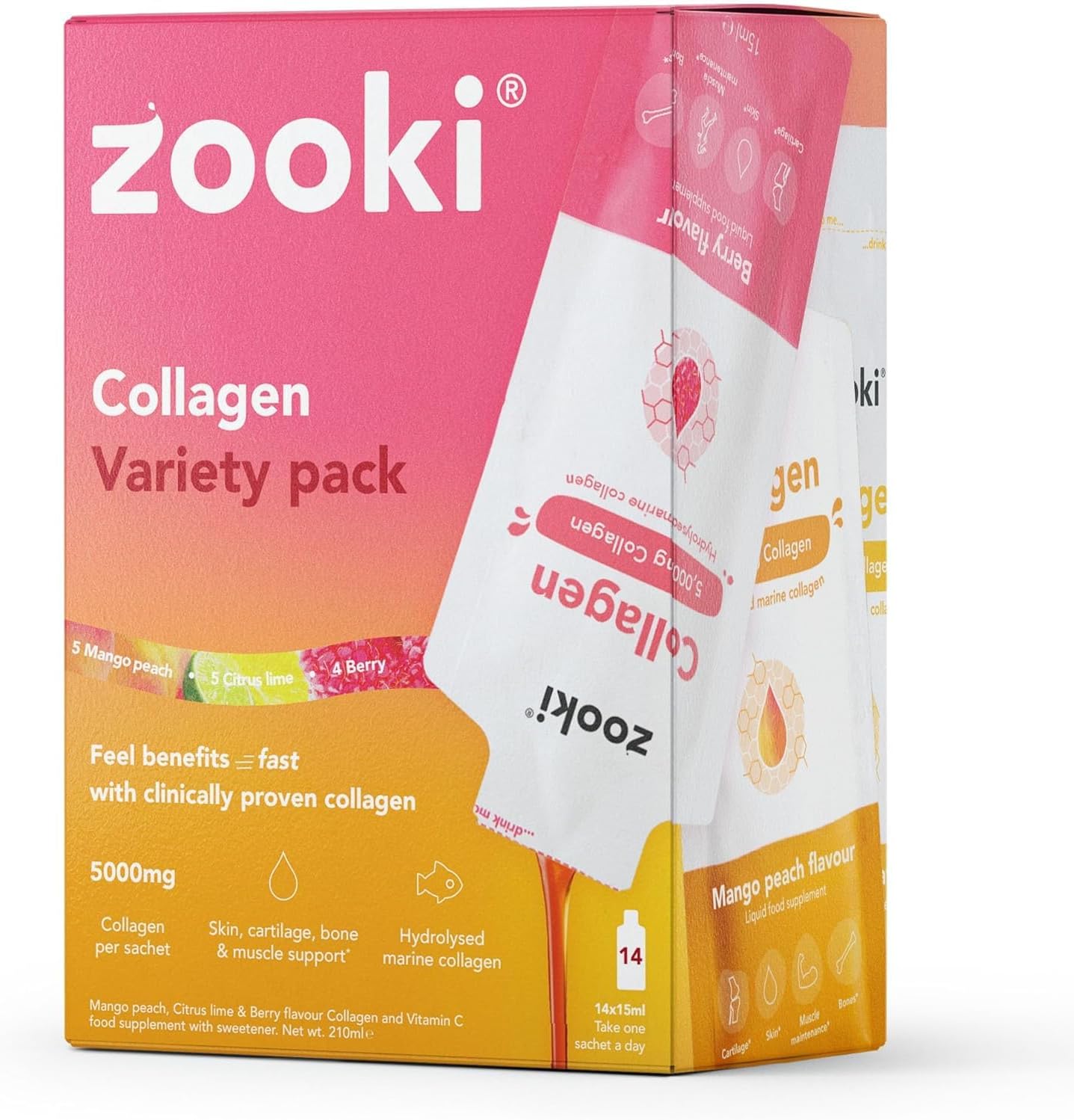 Zooki Marine Collagen 5,000mg Liquid Sachets, Variety, 14 Servings