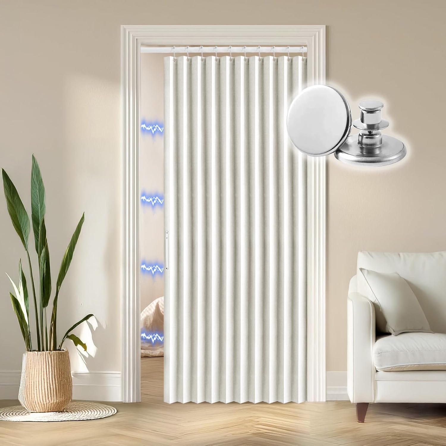 RINHARTEX Blackout Accordion Style Magnetic Door Curtain for Closet Pleated Folding Doorway Curtain Accordion Door Interior Room Divider Bedroom Bathroom Living Room(42x78,Cream White)