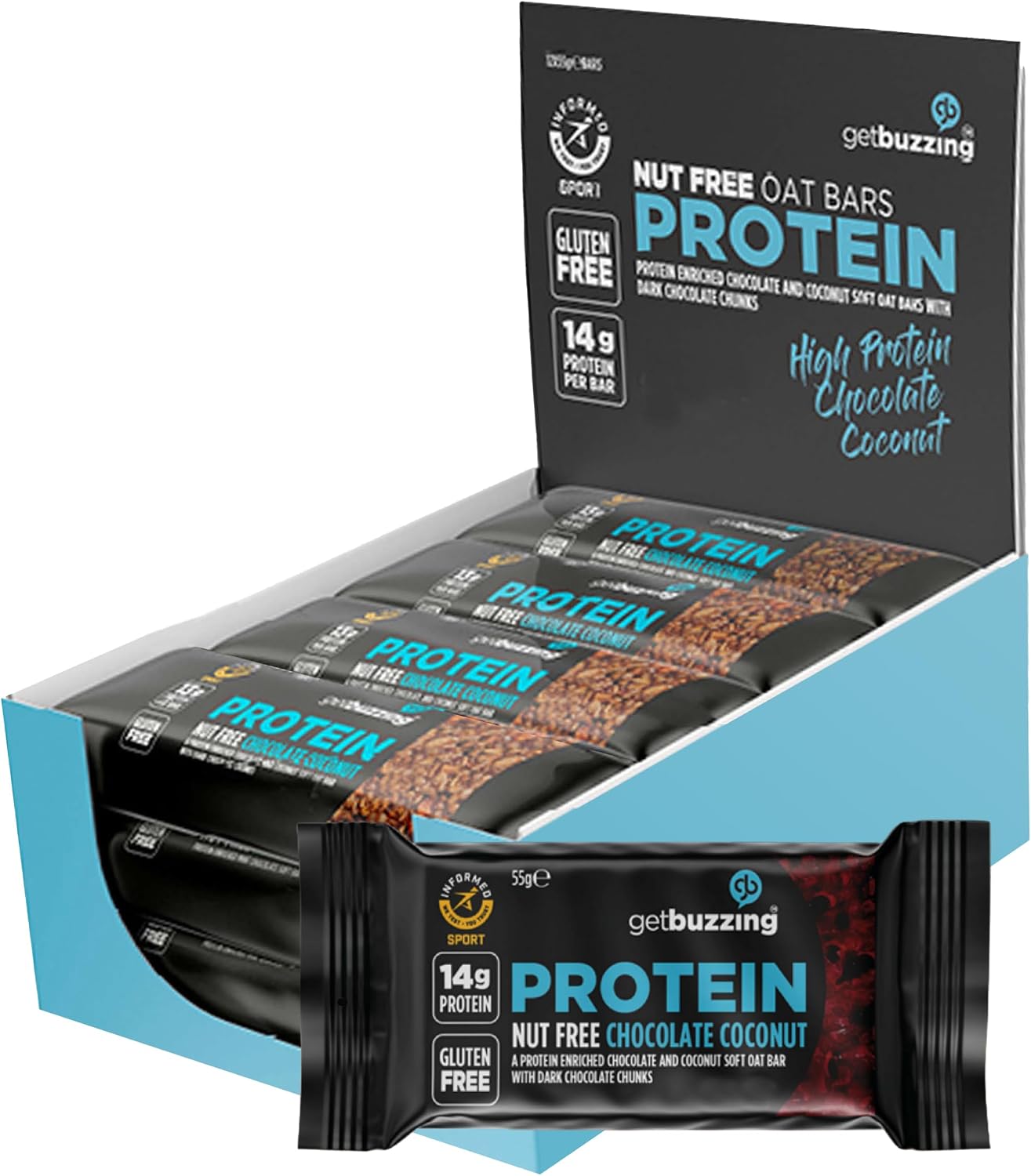 Getbuzzing Nut Free Oat Protein Flapjack Bars – Gluten Free Healthy Snack with Natural Ingredients, High Fibre & School Safe – 12 x 55g Pack – [Chocolate Coconut] - Supports Running, Cycling and Gym