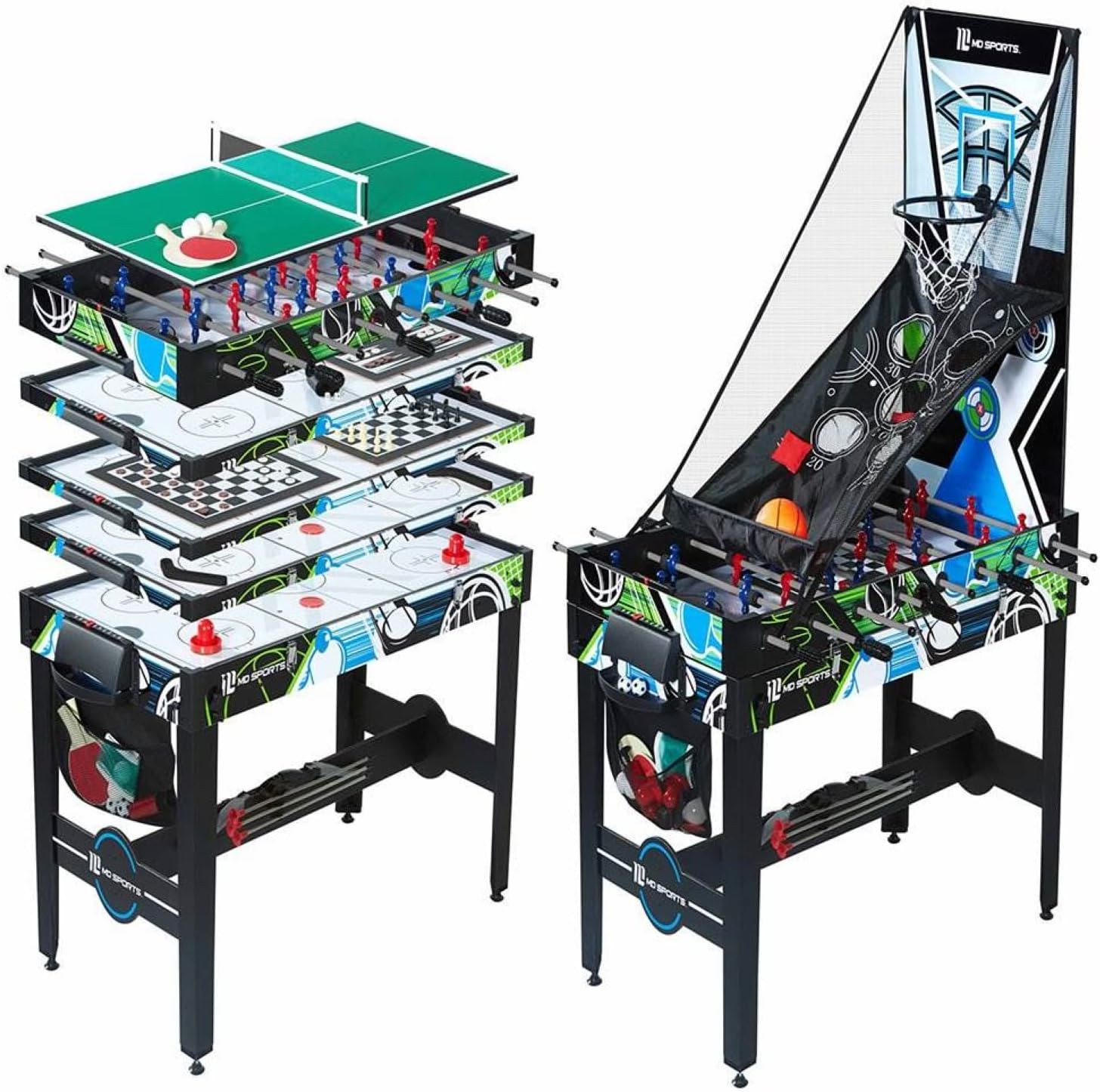 MD Sports 48 Inch 12 in 1 Combo Manual Scoring System Multi Game Room Table with Air Powered Hockey, Basketball, Foosball, Checkers, Chess, & More