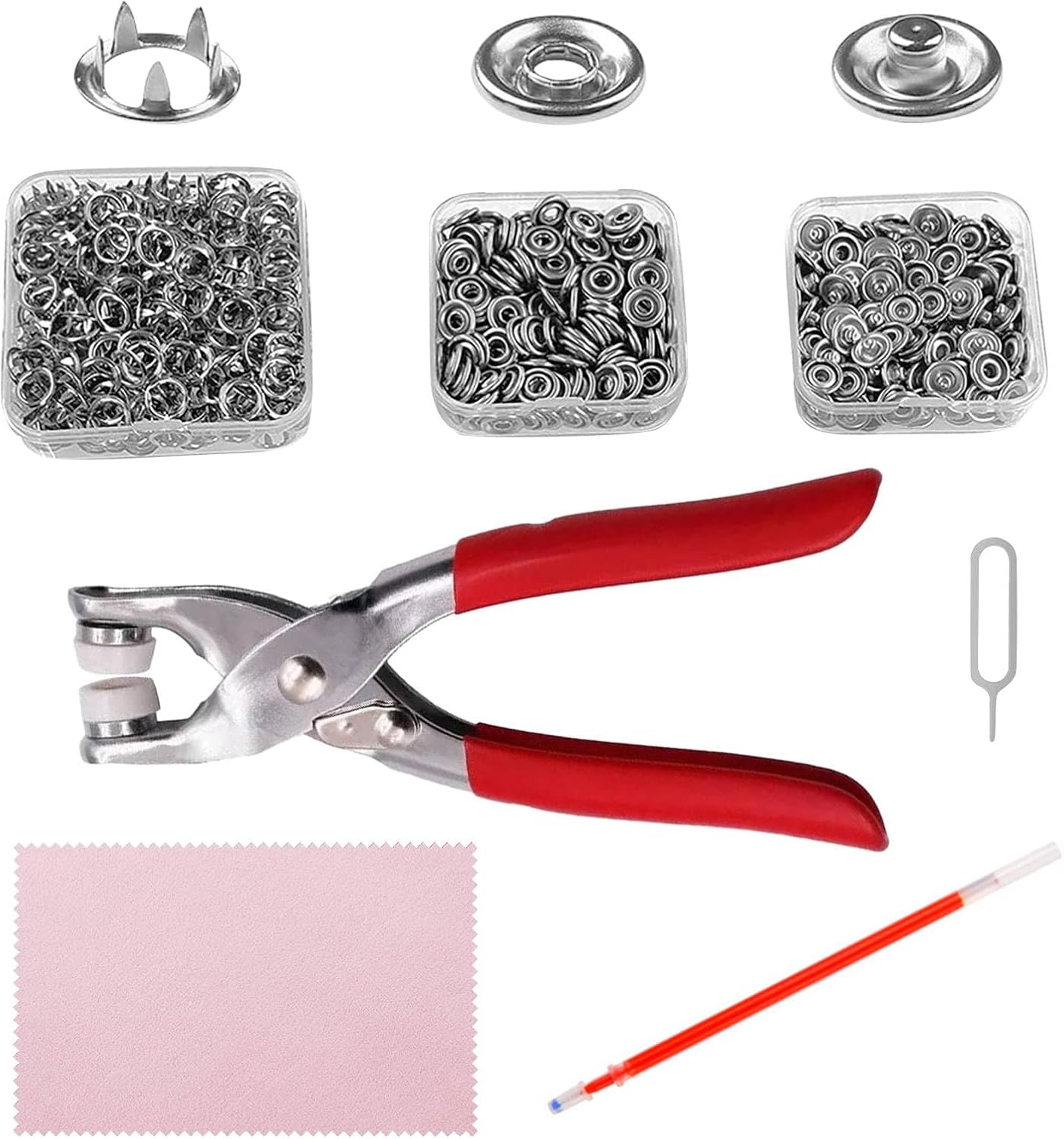 Henyall 200Pcs Snap Fasteners Kit,No Sew,9.5mm Snaps Buttons with Metal Fastener Pliers,Eyelet Punch Kit,Metal Poppers Fasteners Tool Set for Baby Clothes,Fabric Clothing,Bags,DIY Crafts(Silver)