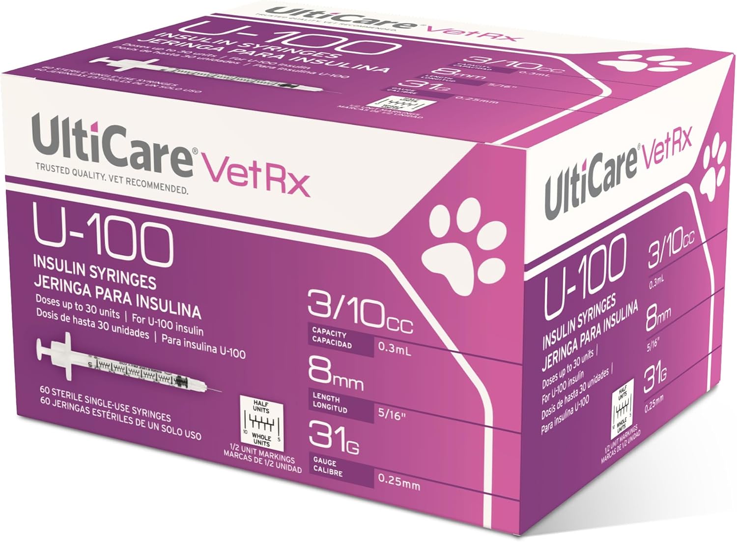 UltiCare VetRx U-100 Pet Insulin Syringes, Comfortable & Accurate Dosing of Insulin for Pets, Compatible w/Any U-100 Strength Insulin, Size: 3/10cc, 31G x 5/16’’, w/Half Unit Markings, 60 ct Box