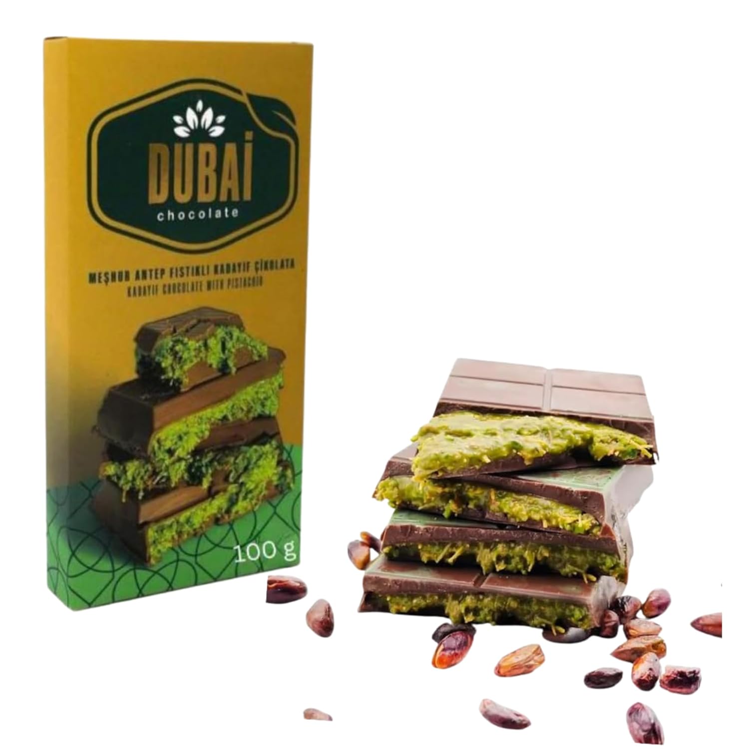 Dubai Chocolate Bar with Kadayif and Pistachio Cream Dubai Kunefe knafeh Chocolate Candy Small Gifts for Snack Treats Kids Family & Friend (100g, 1, Count)