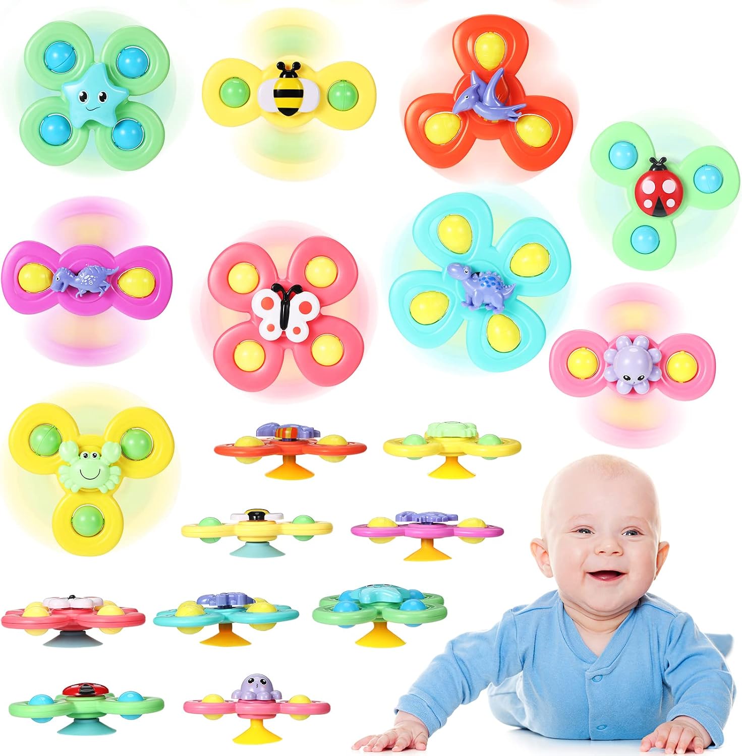 Leitee 9 Pcs Suction Cup Toys Bath Toys Sensory Strong Suction Cup Toys Spinner Dimple Toy Birthday Gifts for Early Education Bathtub Dining Chairs, 3 Styles(Cute Style)