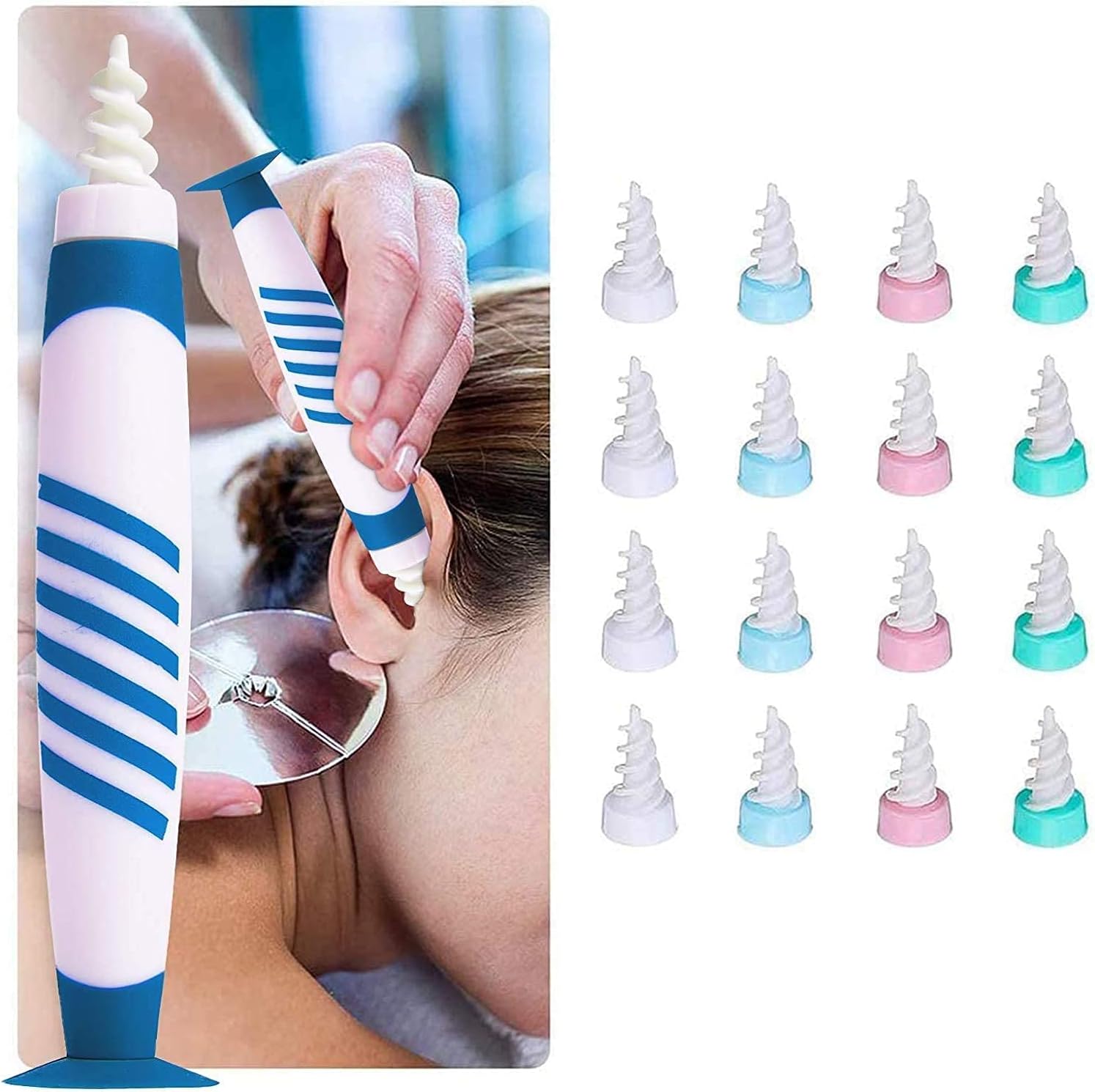 Ear Wax Remover, Ear Cleaner, Spiral Soft Silicone Ear wax Removal tool with 16 Washable Tips, Ear Cleaning Kit