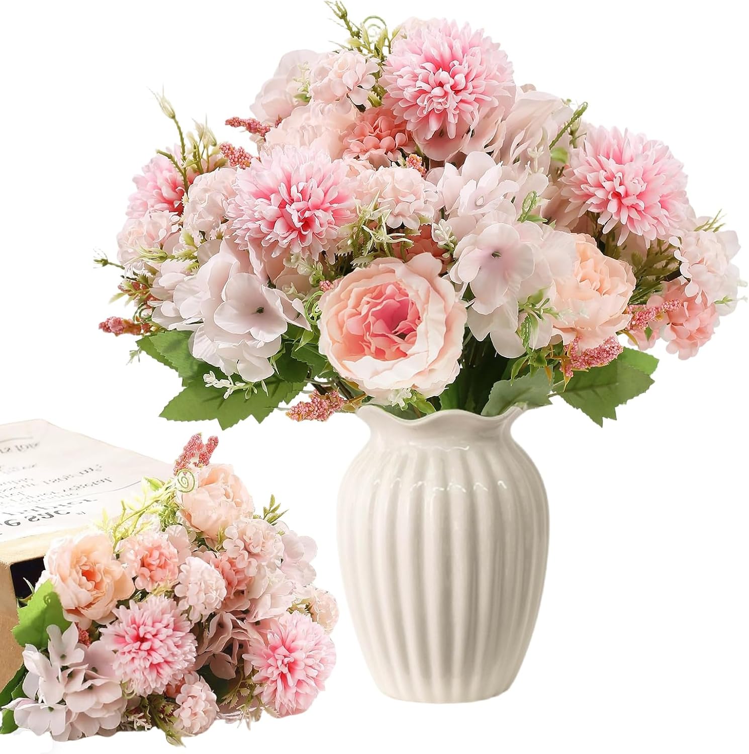 ELLECILA 4 Bunches 28 Heads Artificial Flowers, Pink Silk Peony & Hydrangea Bouquet with Carnations, Realistic Fake Flower Arrangements for Wedding, Home, Office, Table Centrepiece Decor