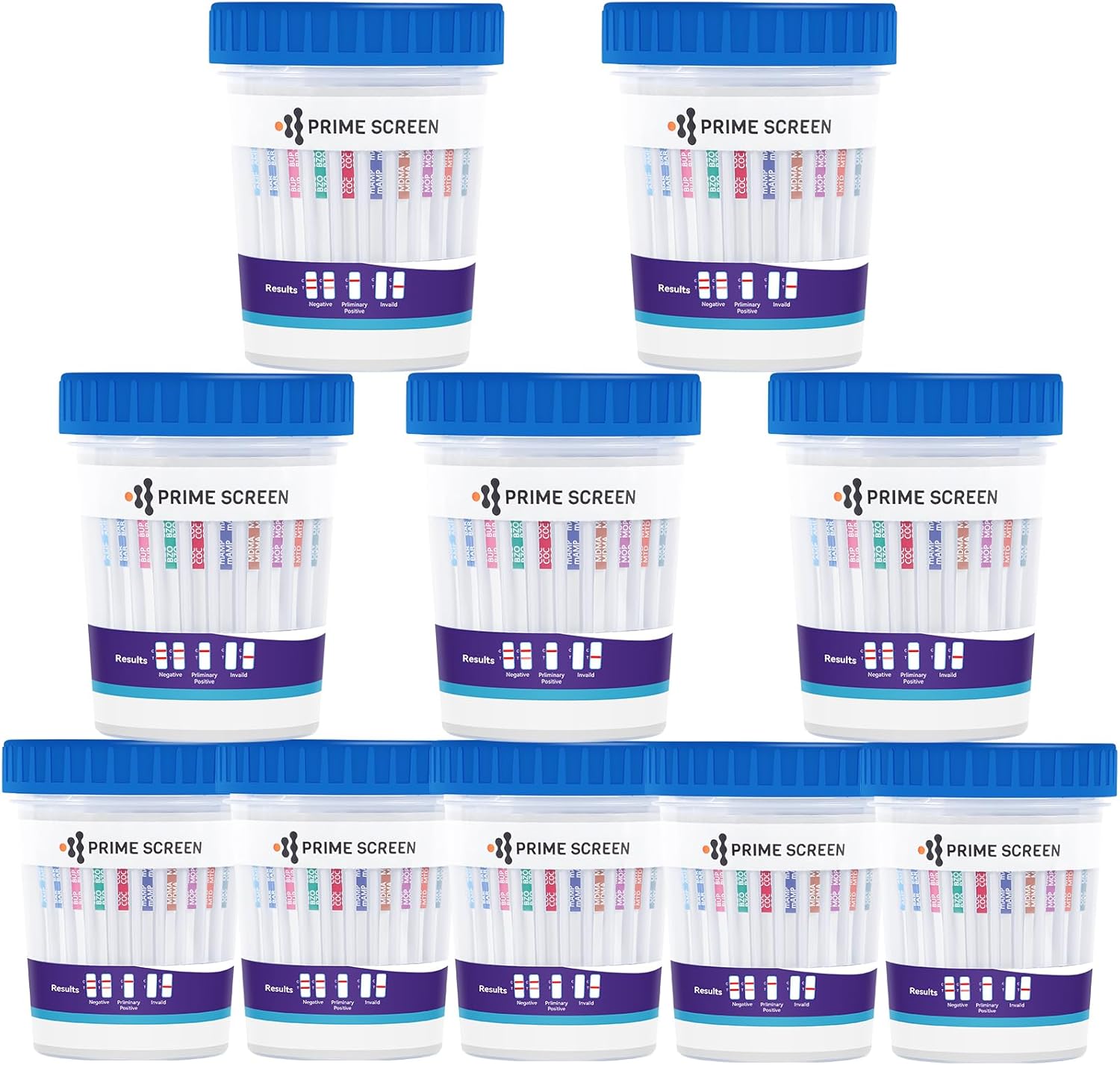 Prime Screen Drug Tests Urine Cup 12 in 1 Instant Drug Testing Kits for All Drugs Cannabis, Coke,OPI, AMP, BAR, BUP, BZO, mAMP, MDMA, MTD, OXY, PCP, 10 Pack