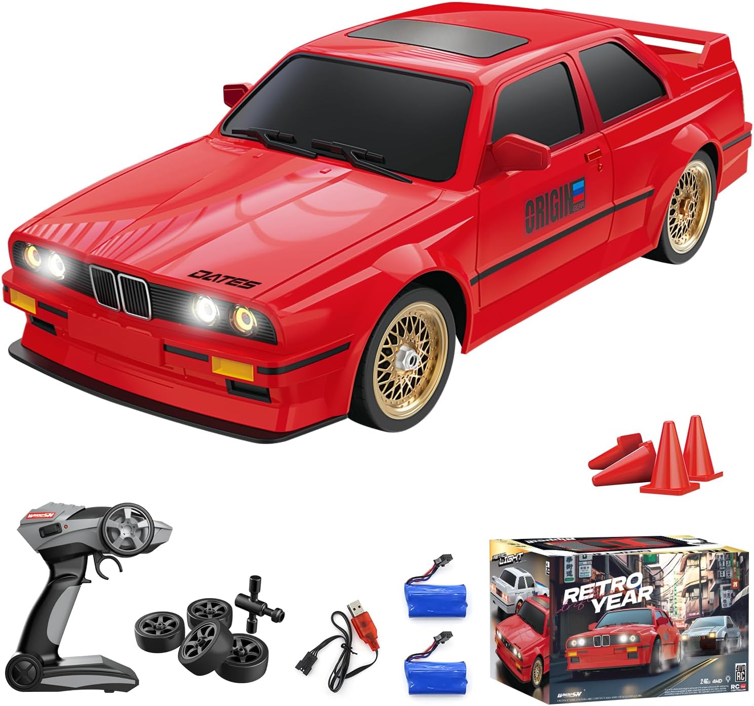 Hitish RC Drift Car for Kids Adults 1:16 Scale 2.4Ghz 4WD High Speed RTR Racing Car 30KM/H with Led Lights Remote Control Vehicle Sport Toy Gifts for Girls Boys, Two Batteries and Drift Tire Included