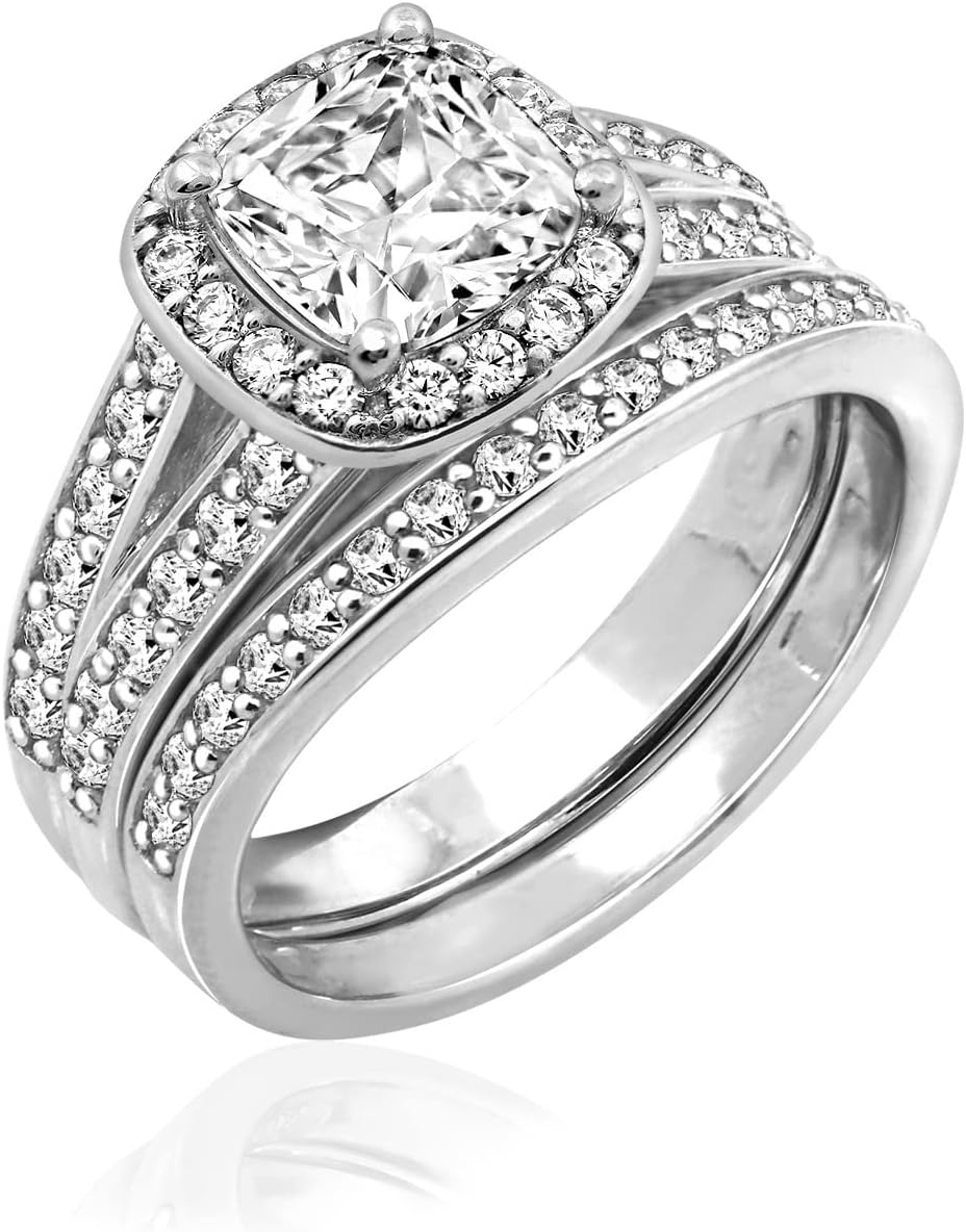 Amazon Essentials Sterling Silver Platinum Plated Infinite Elements Cubic Zirconia Cushion Halo Ring, (previously Amazon Collection)