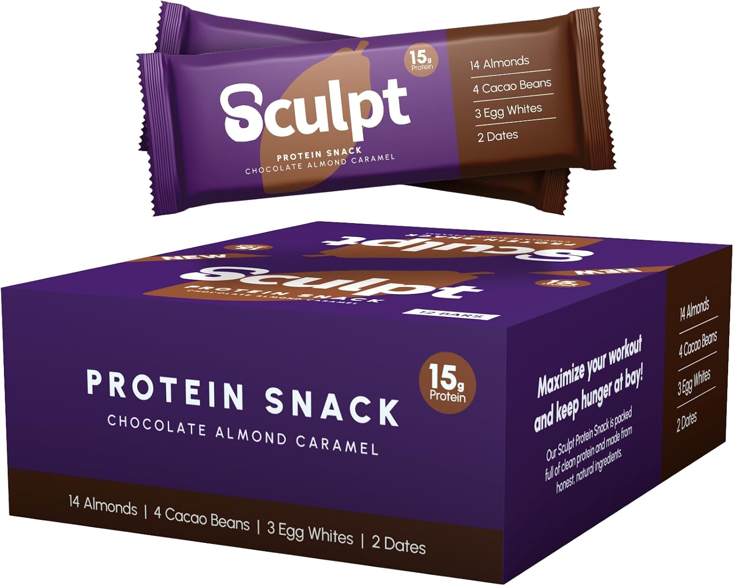 Sculpt Protein Bars – Chocolate Almond Caramel - 12 x 55g Bars – 15g Protein – Packed with Almonds, Cacao Nuts, Egg Whites, Dates – High Fibre Snack for Gym Recovery & On-the-Go Energy
